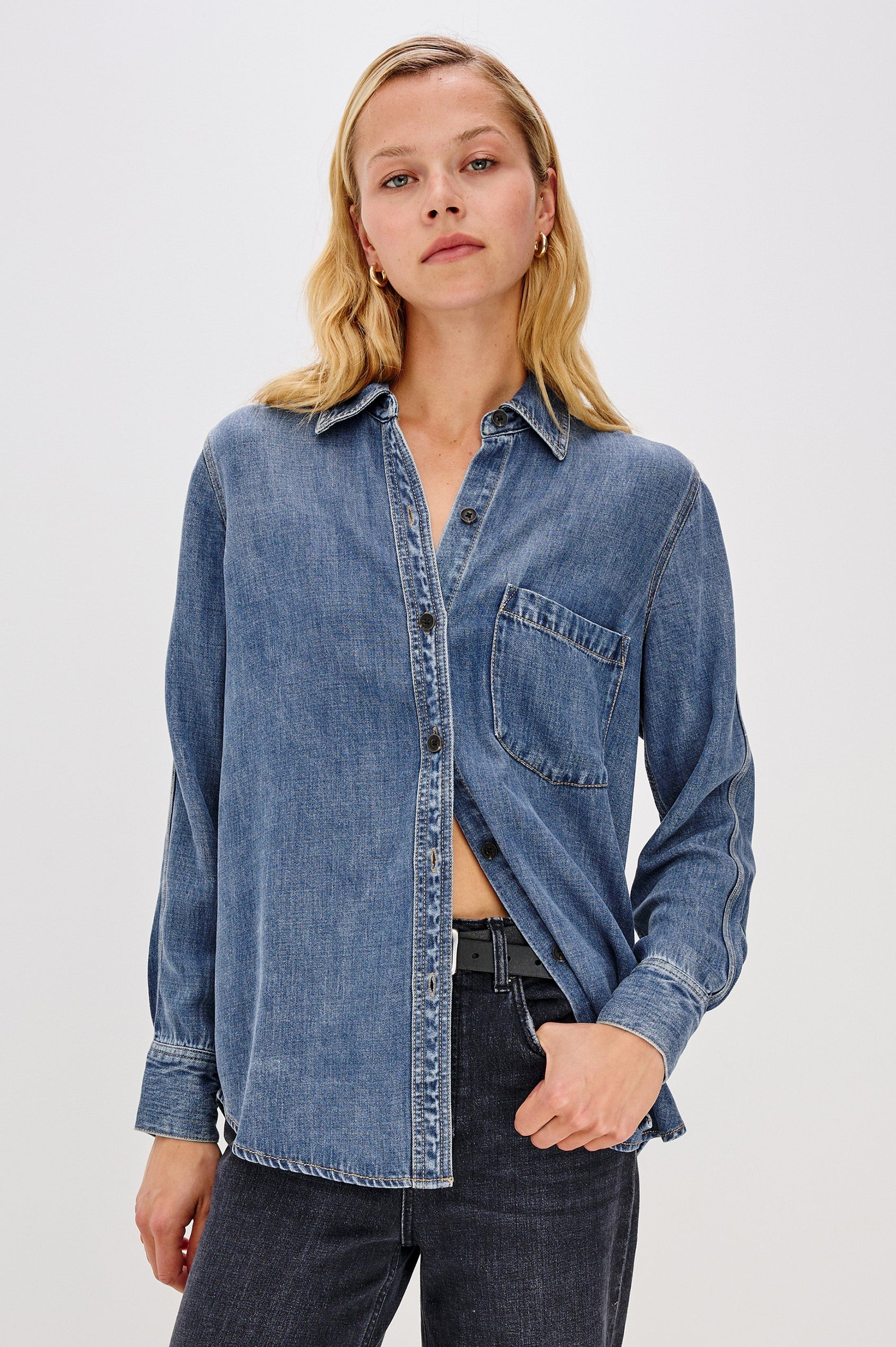 Atticus Long-Sleeve Denim Style Button Up with Chest Patch Pocket in Antique Blue Colorway - Front View Featured on Model