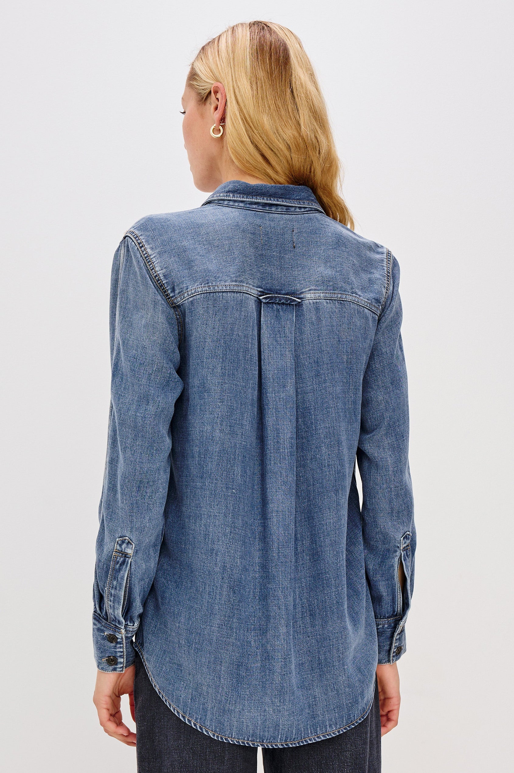 Atticus Long-Sleeve Denim Style Button Up with Chest Patch Pocket in Antique Blue Colorway - Back View Featured on Model