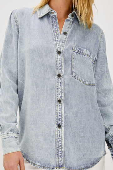 Atticus Long-Sleeve Denim Style Button Up with Chest Patch Pocket in Bleached Indigo Colorway - Close up of Details on Model