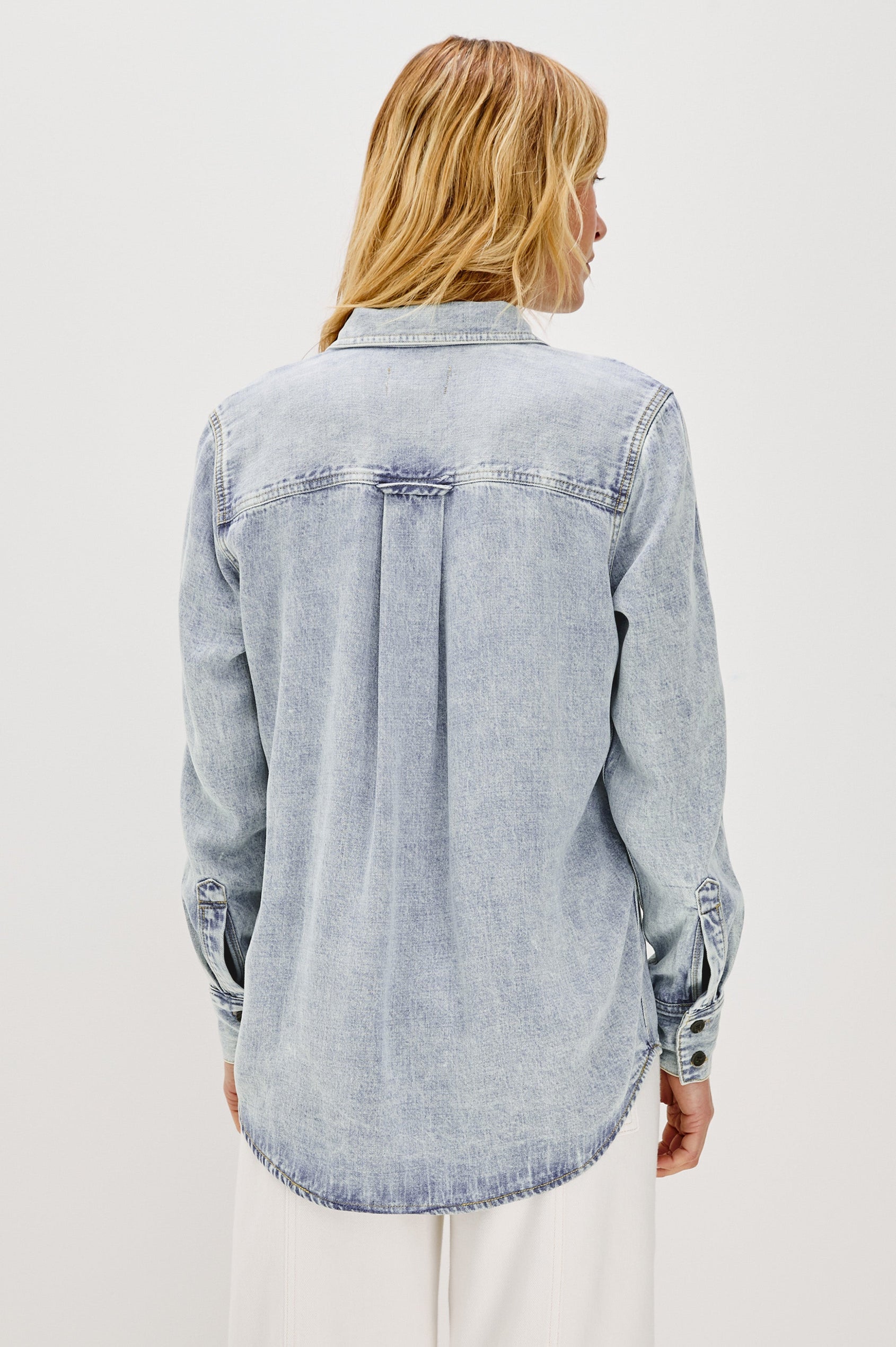 Atticus Long-Sleeve Denim Style Button Up with Chest Patch Pocket in Bleached Indigo Colorway - Back View Featured on Model