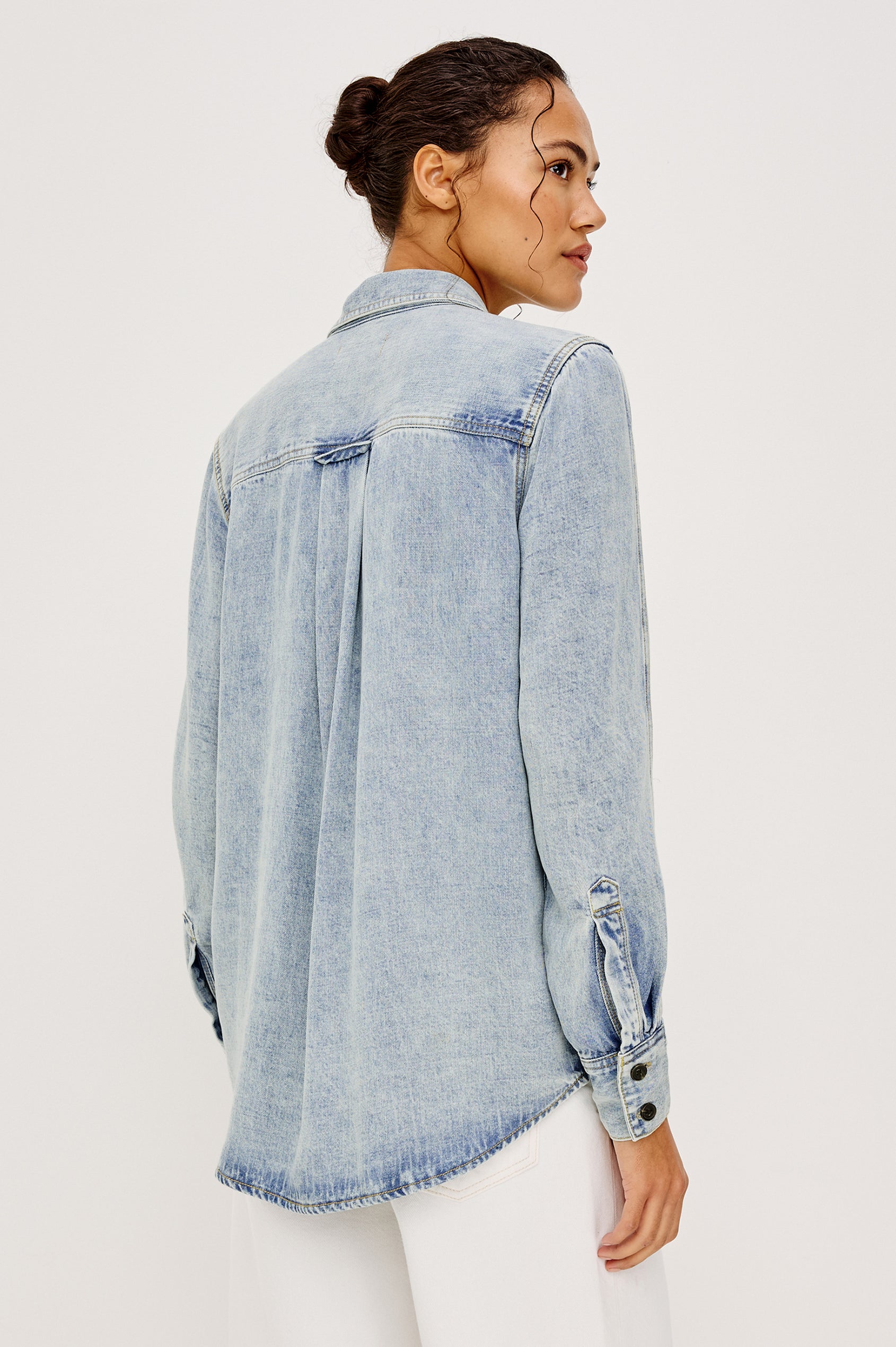 Atticus Long-Sleeve Denim Style Button Up with Chest Patch Pocket in Bleached Indigo Colorway - Upper Body Back View Featured on Model