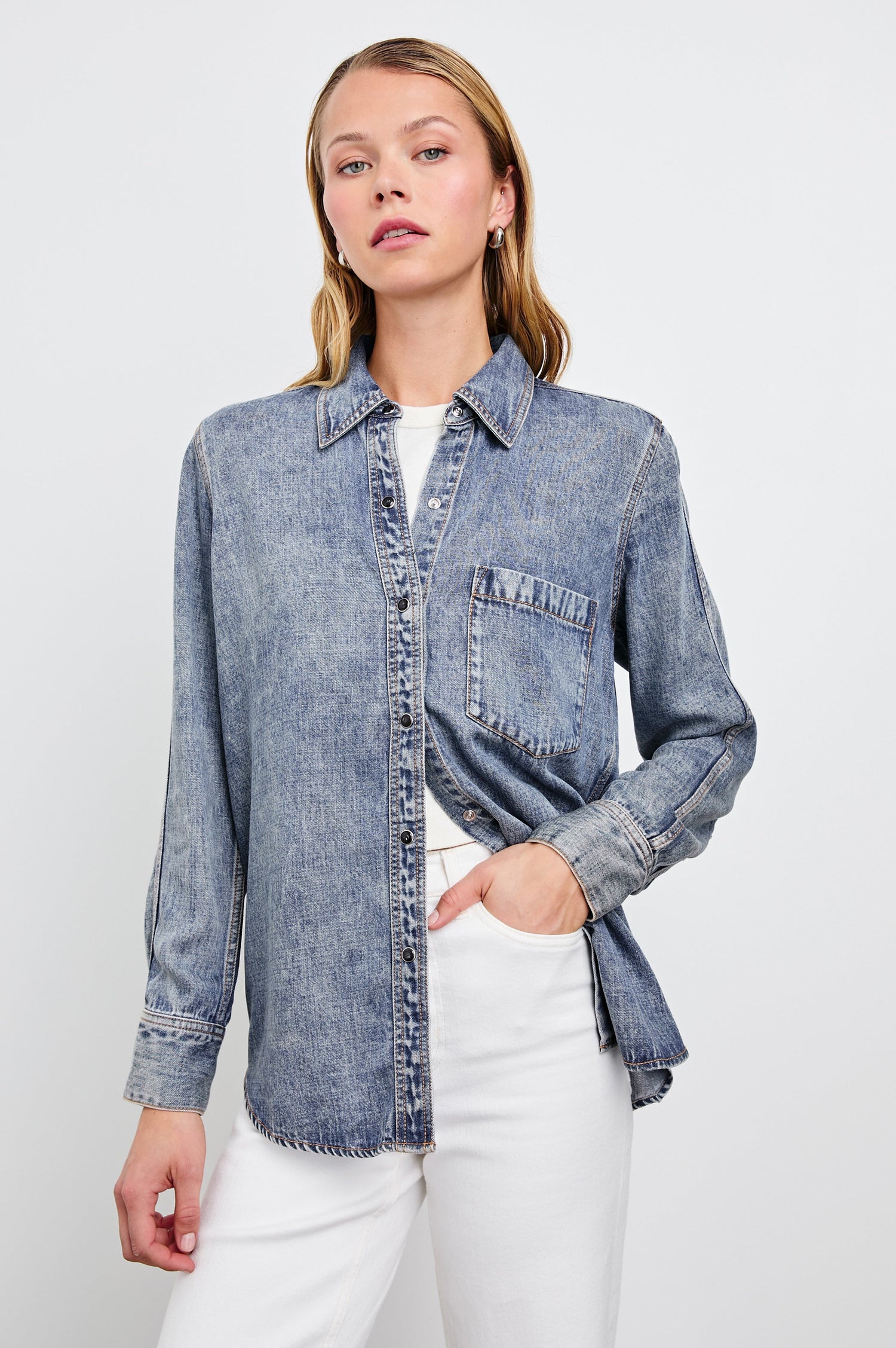Atticus Long-Sleeve Button Up with Chest Patch Pocket in Mid Blue Colorway - Front View Featured on Model