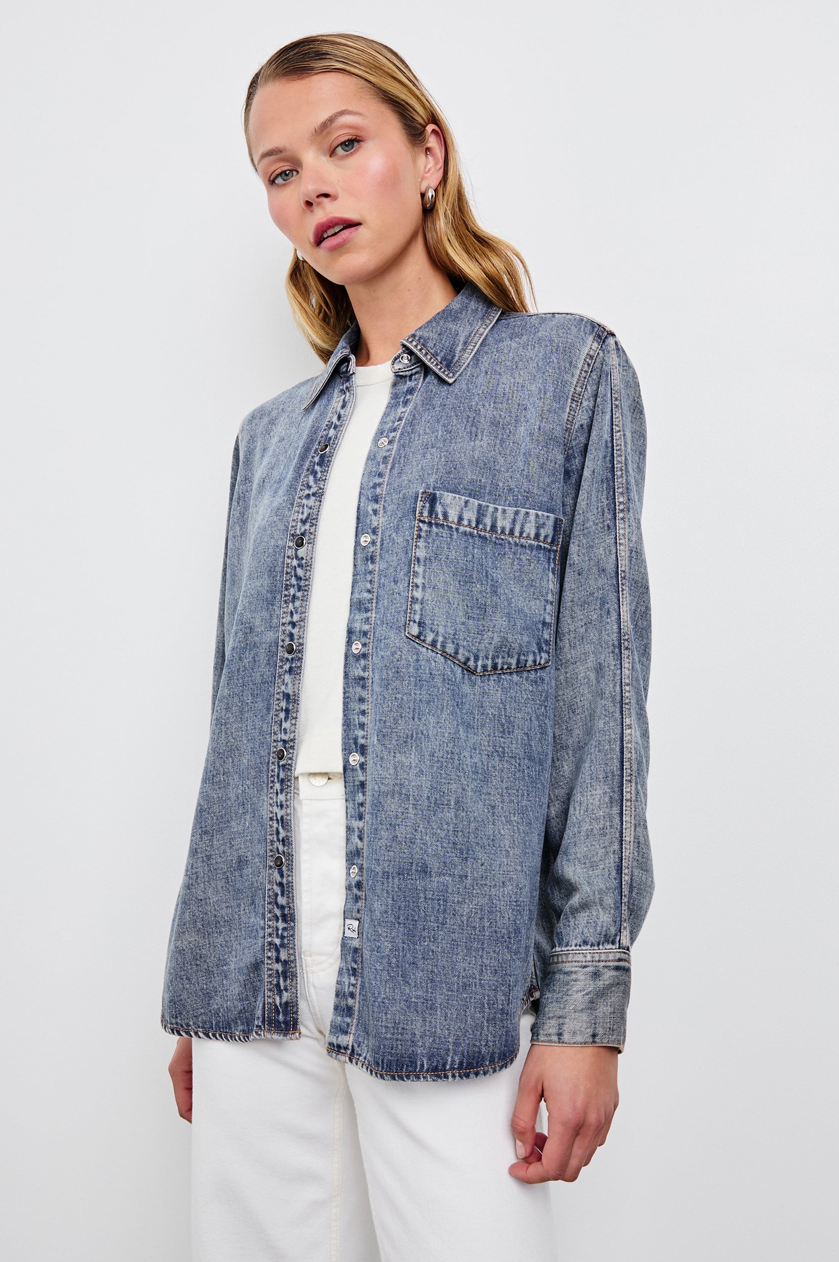 Atticus Long-Sleeve Button Up with Chest Patch Pocket in Mid Blue Colorway - Front View Featured on Model