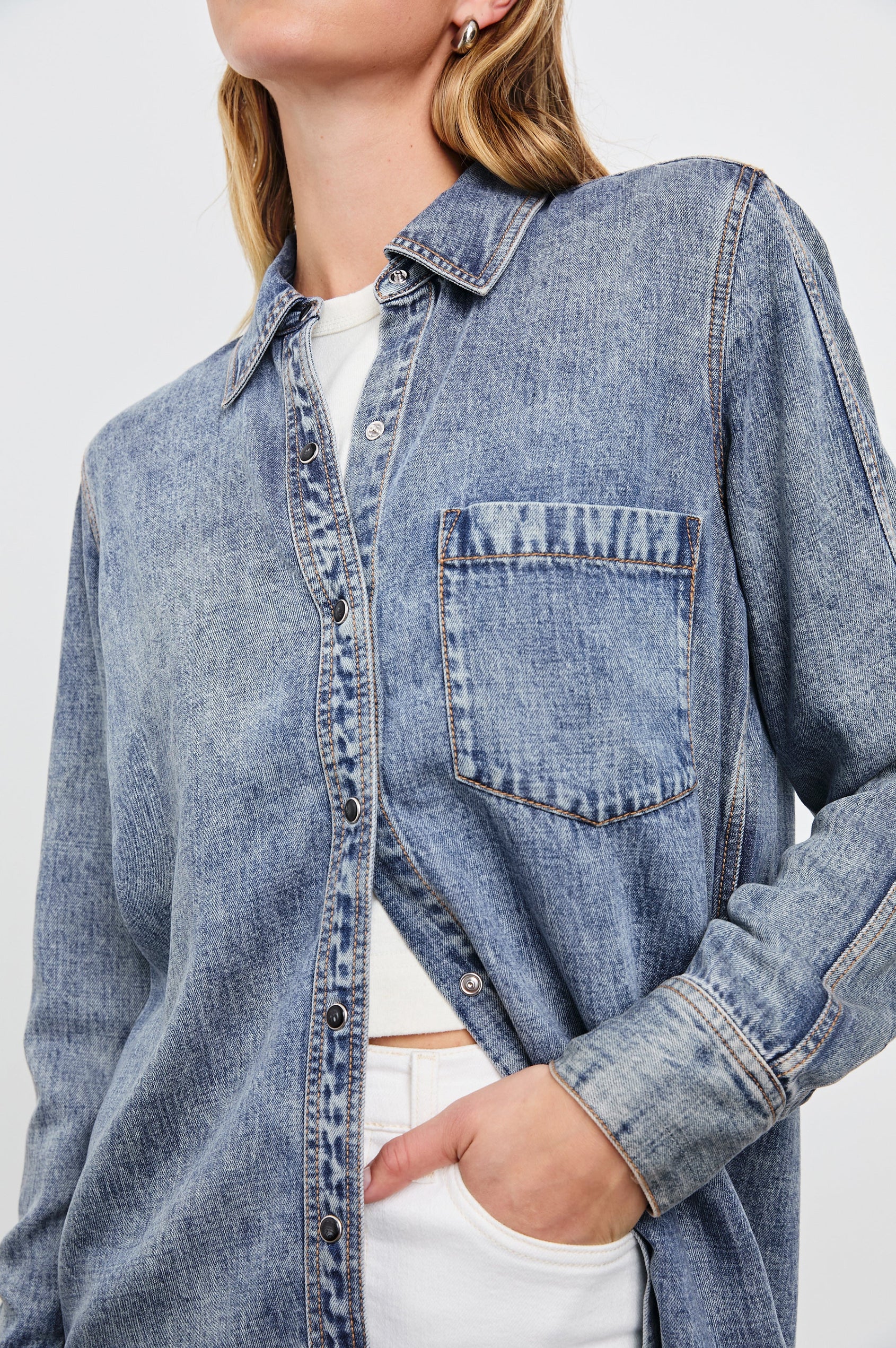 Atticus Long-Sleeve Button Up with Chest Patch Pocket in Mid Blue Colorway - Front View Featured on Model