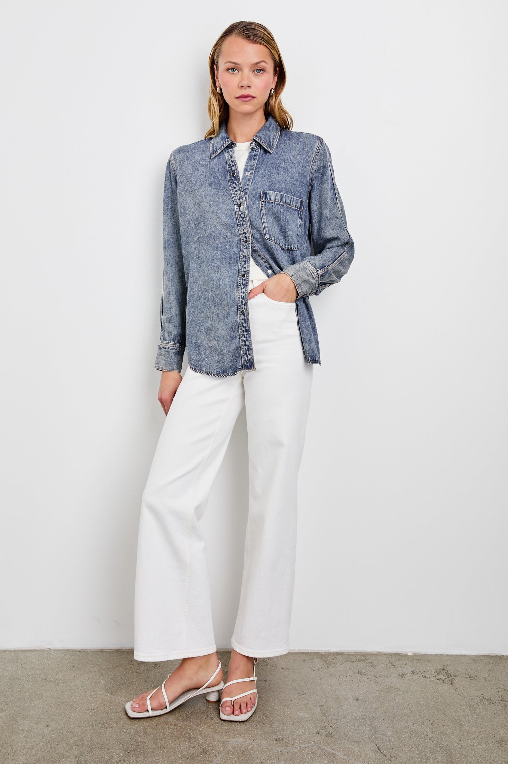 Atticus Long-Sleeve Button Up with Chest Patch Pocket in Mid Blue Colorway - Front Full Body View Featured on Model