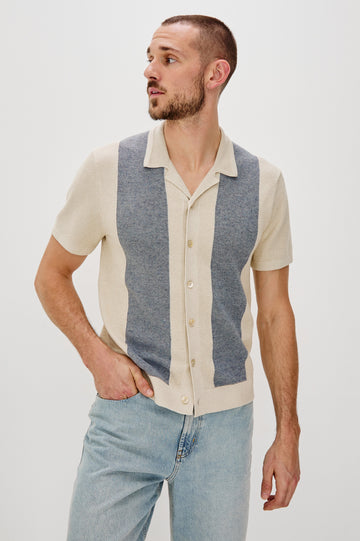 Atwood Button Front Knit Shirt with a Soft Open Lapel, Short Sleeves in Ecru Chambray Colorway. Front View Shown on Model.