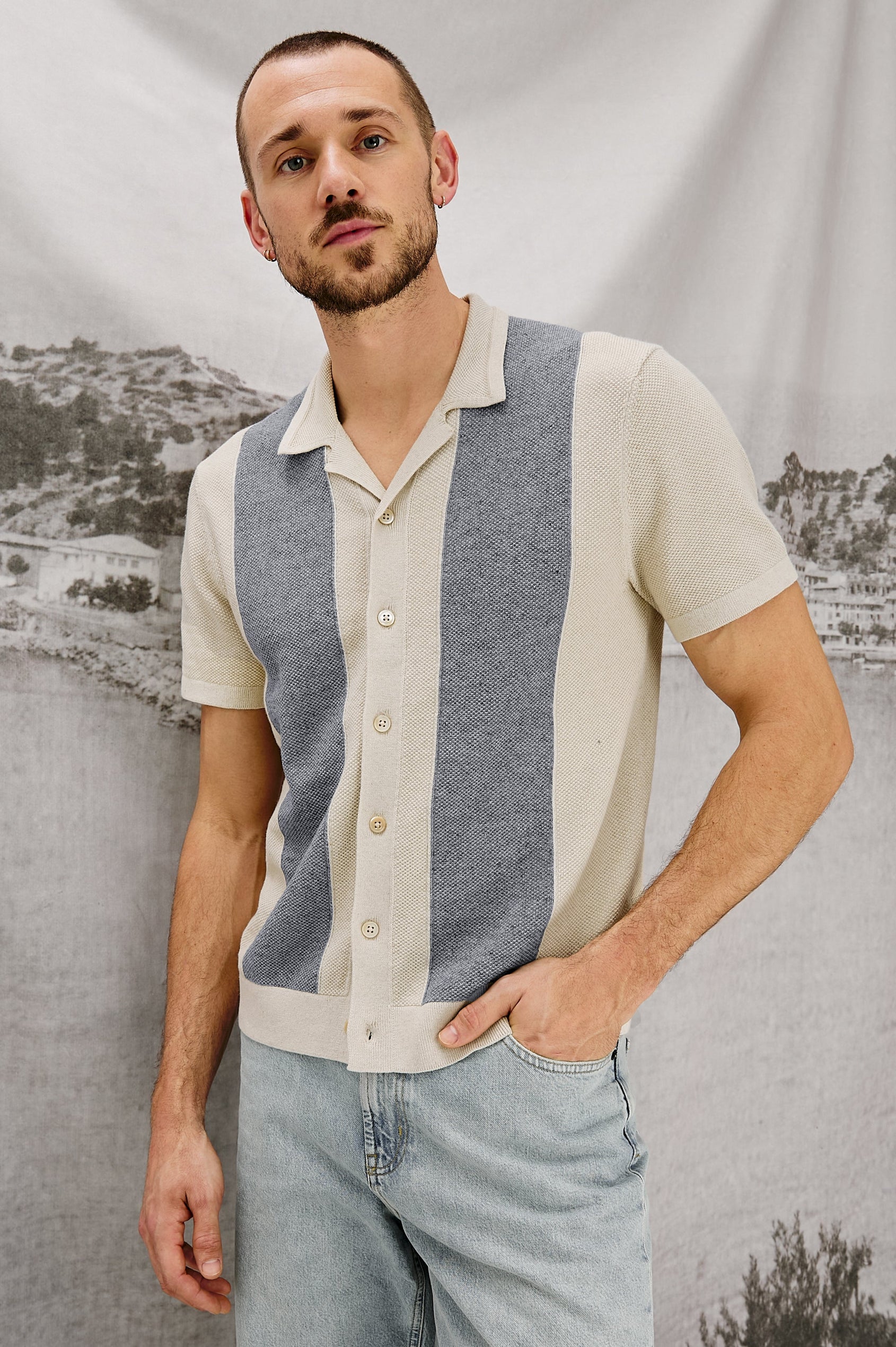 Atwood Button Front Knit Shirt with a Soft Open Lapel, Short Sleeves in Ecru Chambray Colorway. Front View Shown on Model.