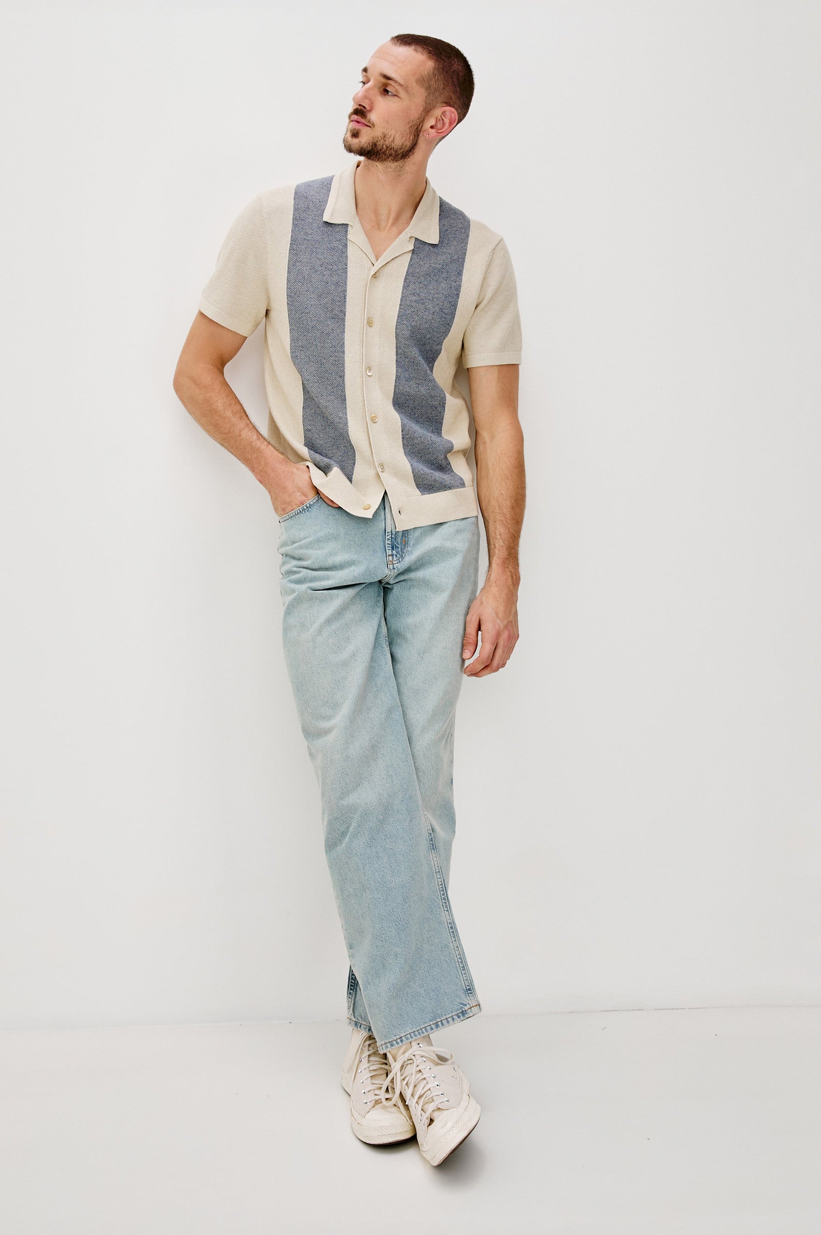 Atwood Button Front Knit Shirt with a Soft Open Lapel, Short Sleeves in Ecru Chambray Colorway. Full Body Front View Shown on Model.