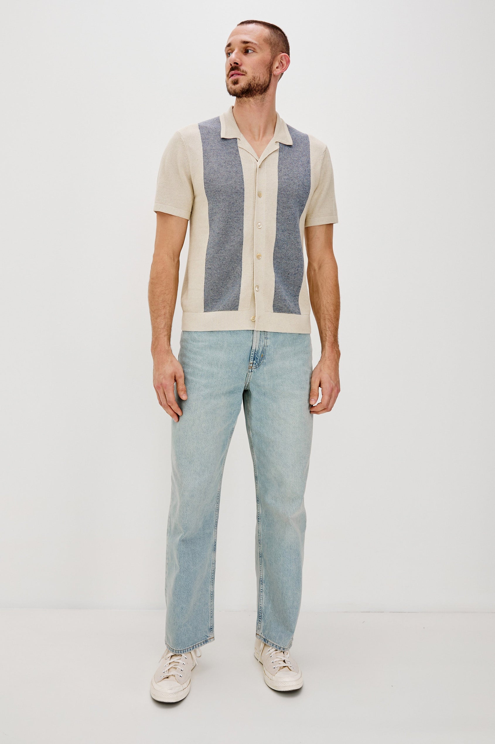 Atwood Button Front Knit Shirt with a Soft Open Lapel, Short Sleeves in Ecru Chambray Colorway. Full Body Front View Shown on Model.