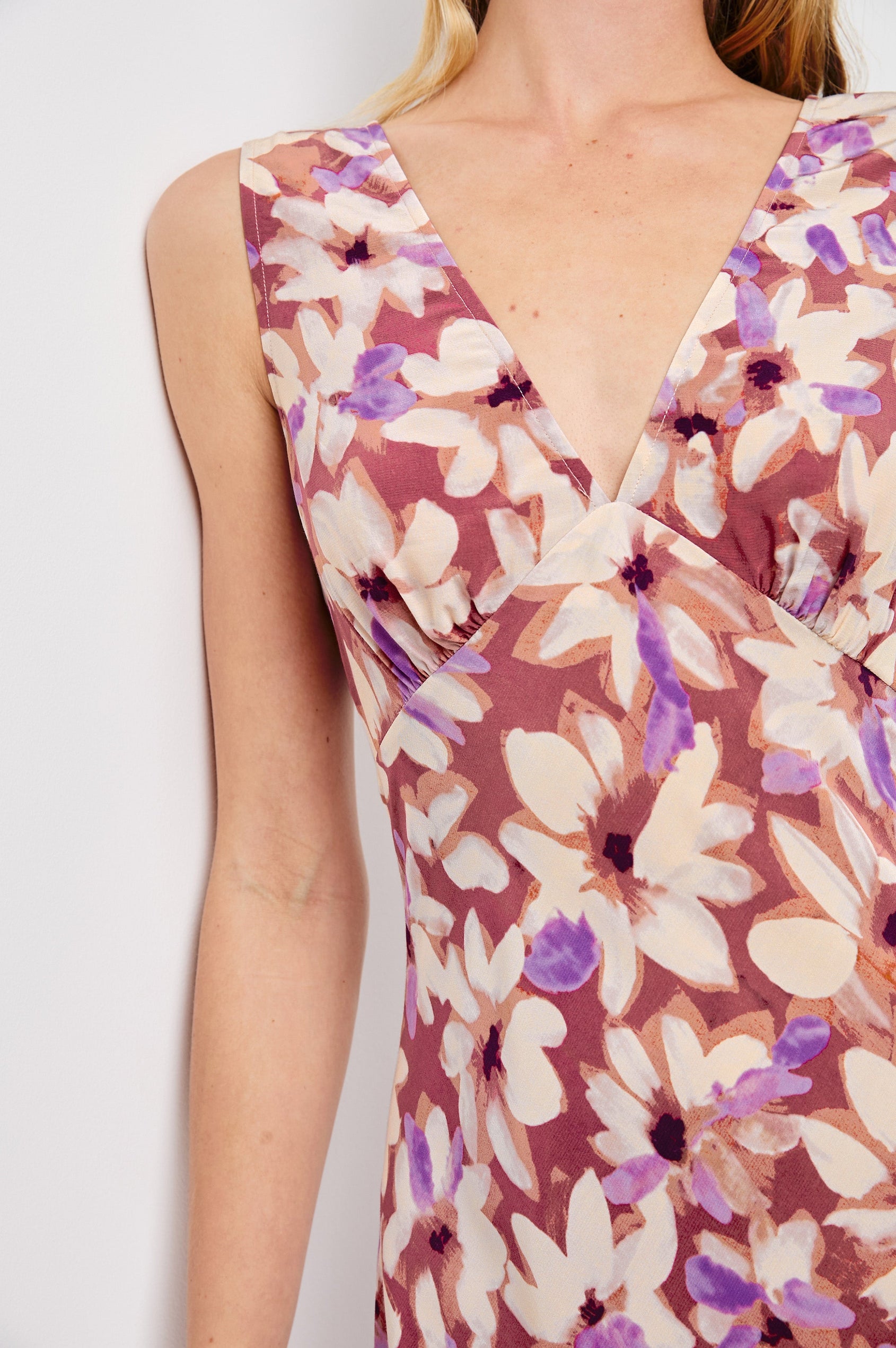 Audrina Sleeveless Midi Dress with Wide Shoulder Straps, a Deep V Neck and V-Back, and an Empire Waist in Amaranth Colorway - close up of details