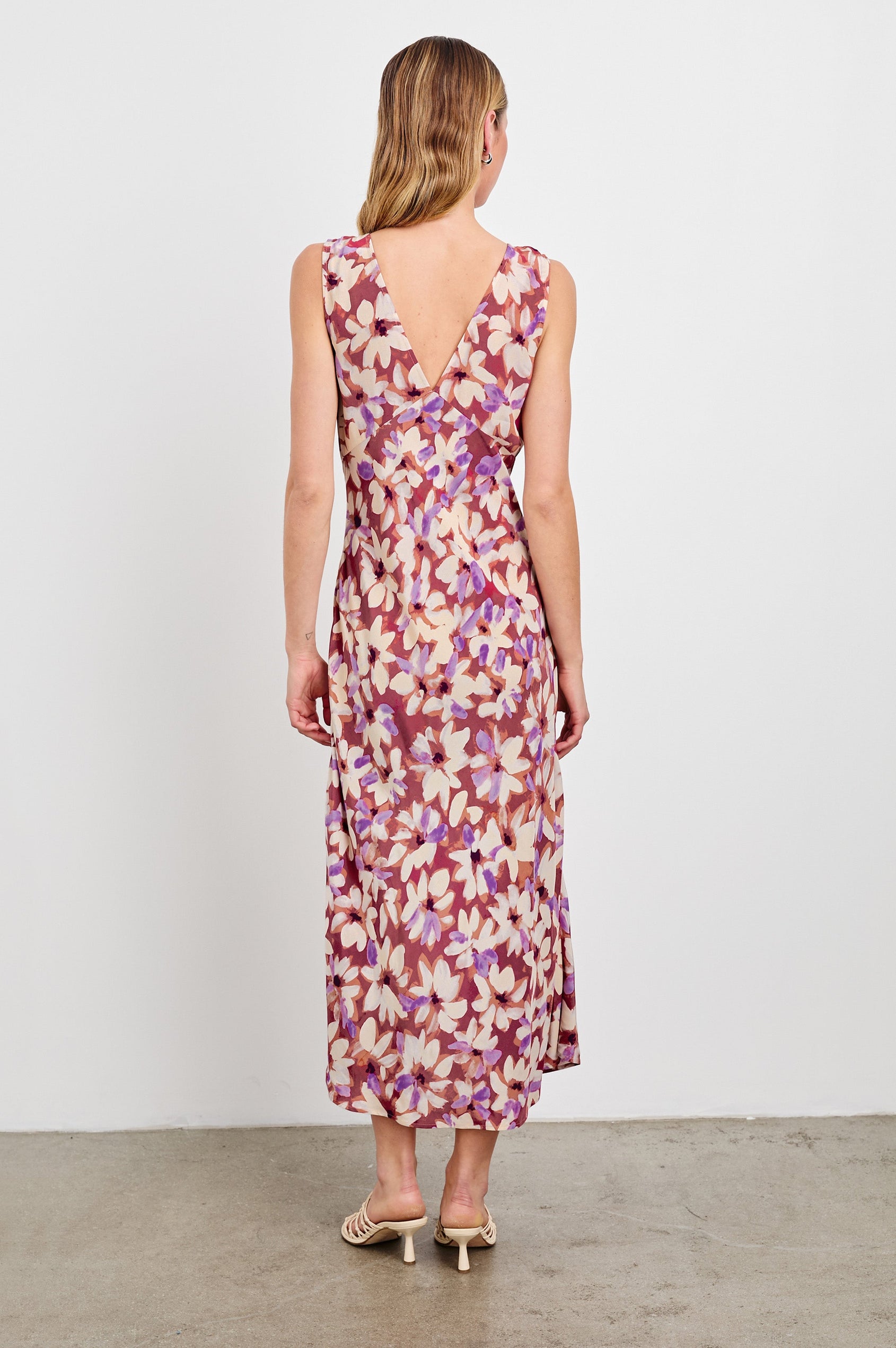 Audrina Sleeveless Midi Dress with Wide Shoulder Straps, a Deep V Neck and V-Back, and an Empire Waist in Amaranth Colorway - back view on model