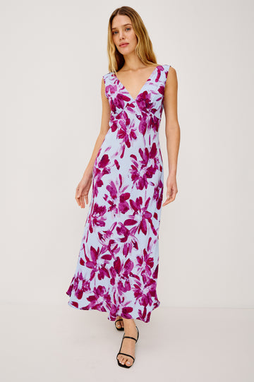Audrina Sleeveless Midi Dress with Wide Shoulder Straps, a Deep V Neck and V-Back, and an Empire Waist in Blue Lily Colorway - full body front view on model