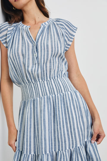 Augustine Mini Dress with Flutter Sleeves, V-Neck Button Front, Elastic Gathered Waist and a Tiered Flounce Hem in Jalisco Stripe Colorway. Front Detailed View Shown on Model.