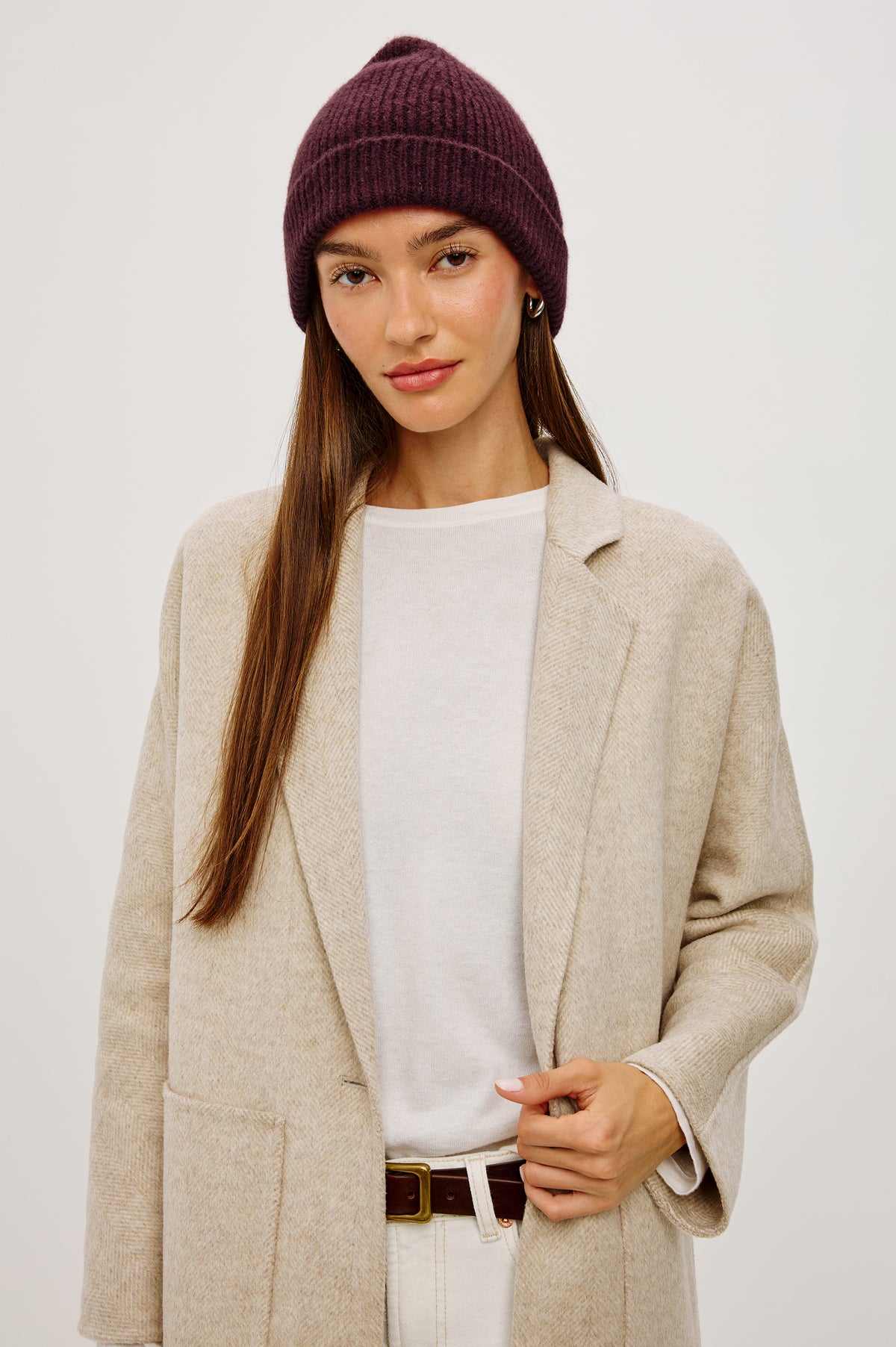Autumn Beanie in Ribbed Silk Cashmere Blend in Wine Colorway - Upper Body Front View Featured on Model