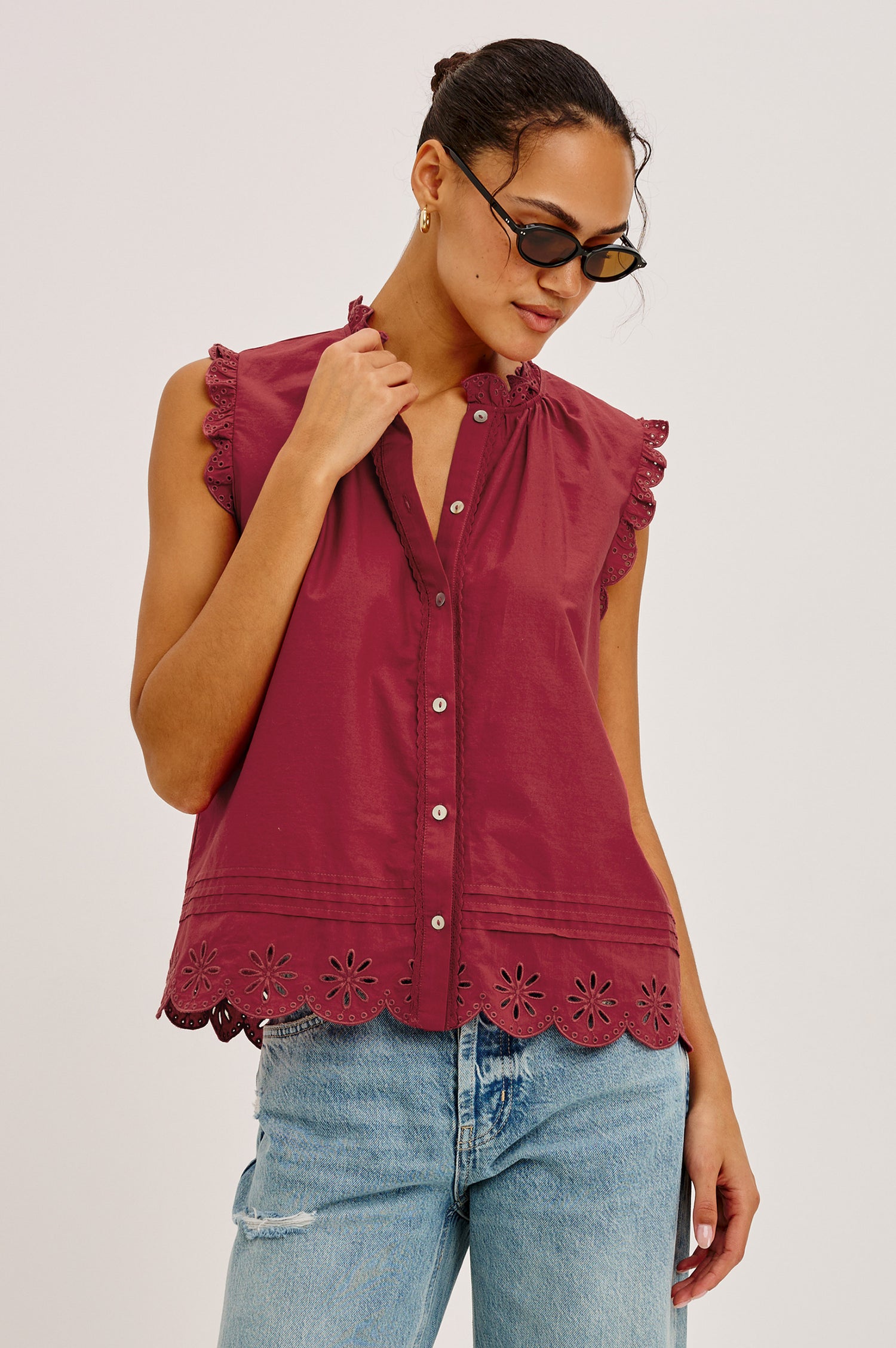 Avery Sleeveless Top in Cotton Voile With Scalloped Embroidered Trim, Front Buttons, and Relaxed Fit in Spice Colorway - Upper Body Front View Featured on Model
