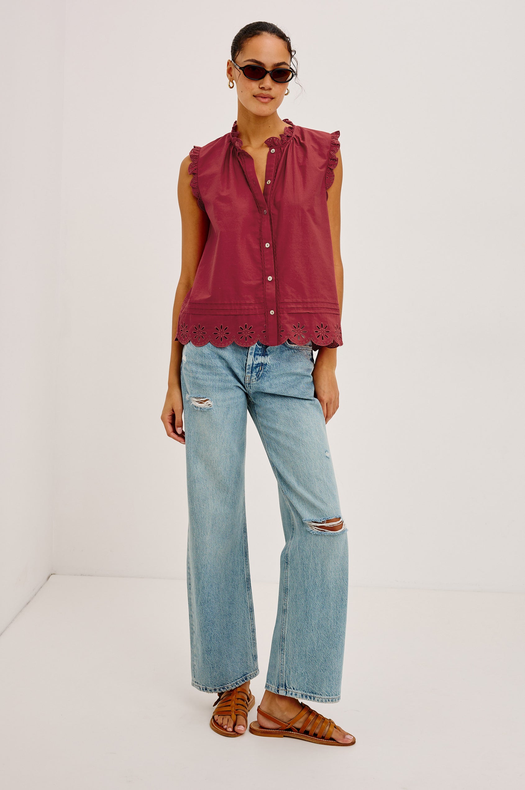Avery Sleeveless Top in Cotton Voile With Scalloped Embroidered Trim, Front Buttons, and Relaxed Fit in Spice Colorway - Full Body Front View Featured on Model