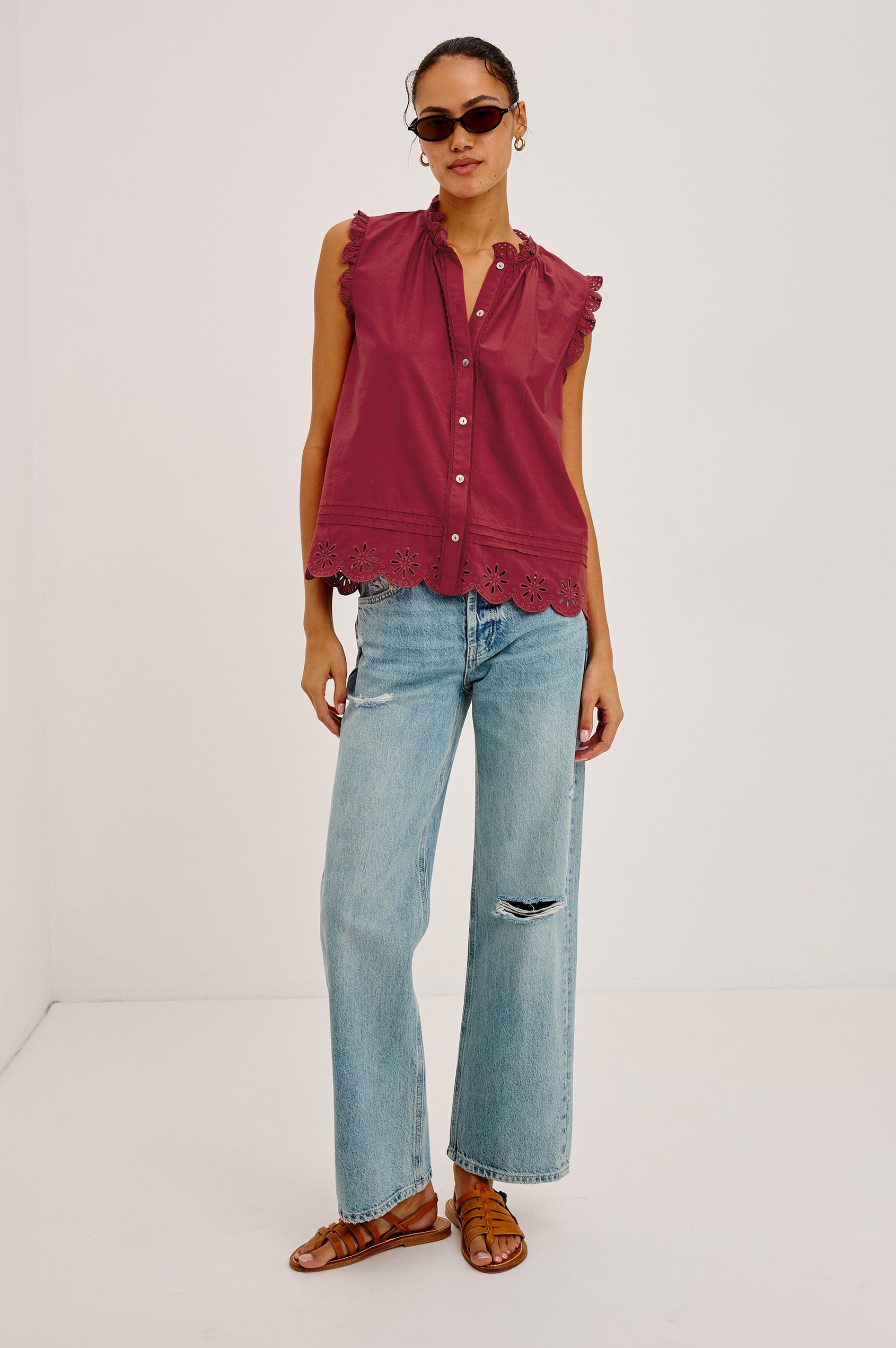 Avery Sleeveless Top in Cotton Voile With Scalloped Embroidered Trim, Front Buttons, and Relaxed Fit in Spice Colorway - Full Body Front View Featured on Model