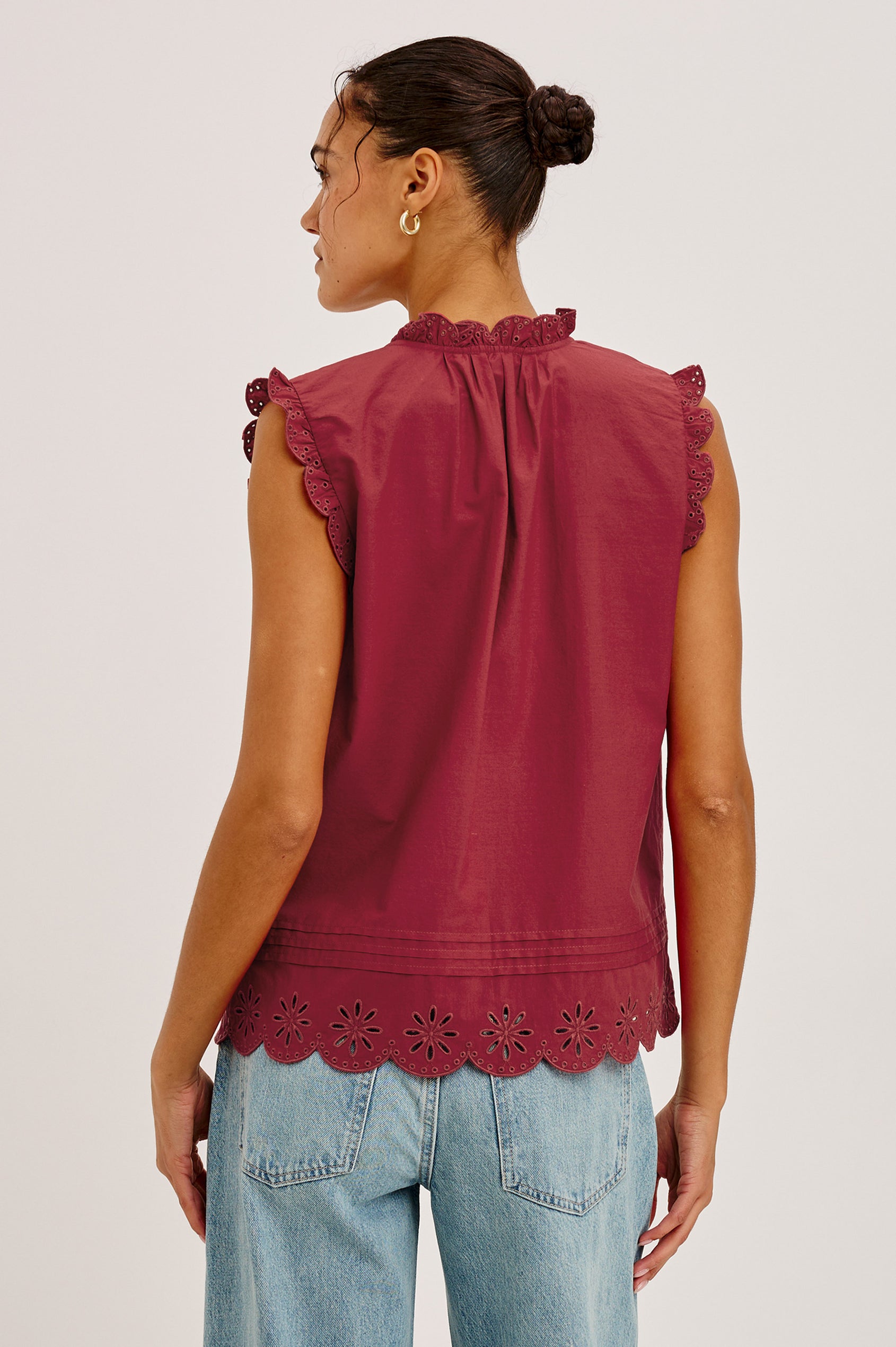 Avery Sleeveless Top in Cotton Voile With Scalloped Embroidered Trim, Front Buttons, and Relaxed Fit in Spice Colorway - Upper Body Back View Featured on Model