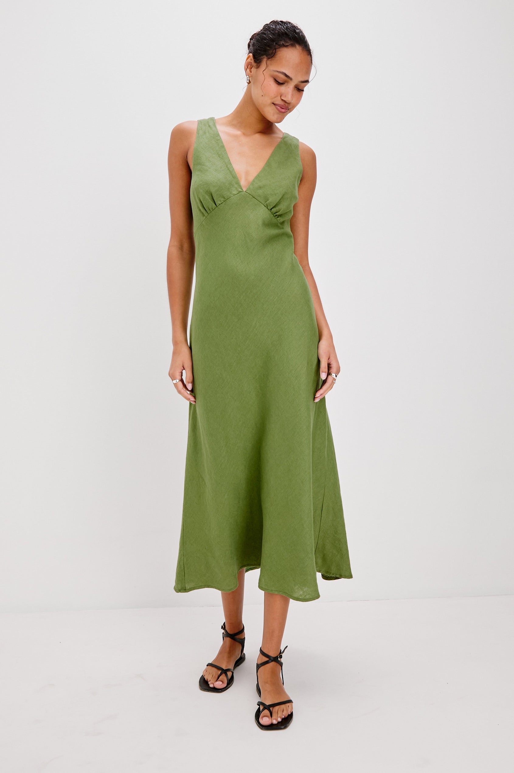 Avianna Midi V-Neck Tank Dress with A-Line Skirt in Dill Colorway. Full Body Front View Shown on Model.