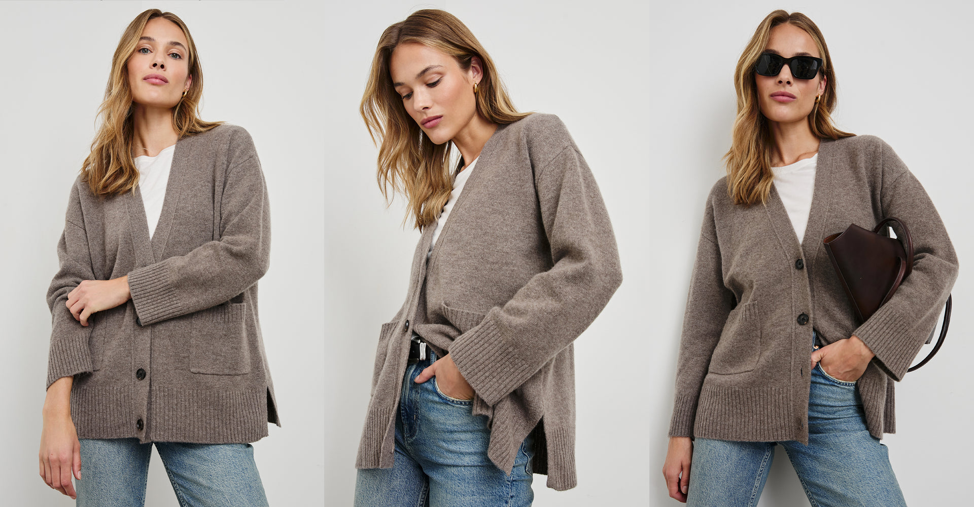 THREE SIDE BY SIDE IMAGES OF MODEL WEARING LINDI CARDIGAN IN MINK