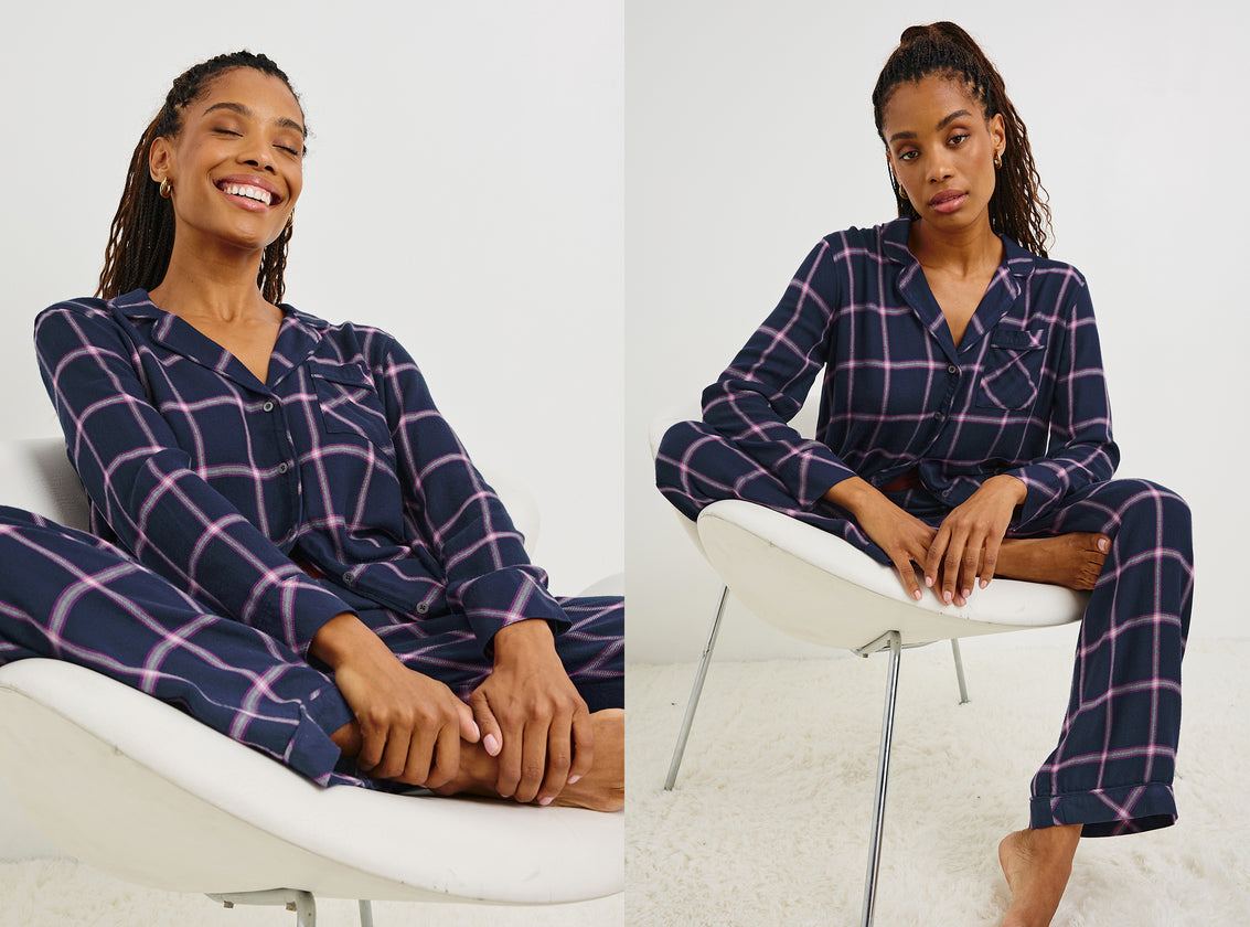 TWO SIDE BY SIDE IMAGES OF MODEL SITTING WEARING LUNA PAJAMA SET
