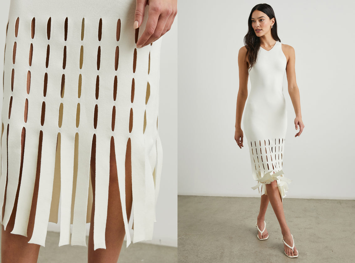 TWO SIDE BY SIDE IMAGES. FIRST IMAGE IS DETAIL IMAGE OF BOTTOM OF KAIA DRESS. SECOND IMAGE IS FULL BODY IMAGE OF MODEL WEARING KAIA DRESS IN WHITE. 