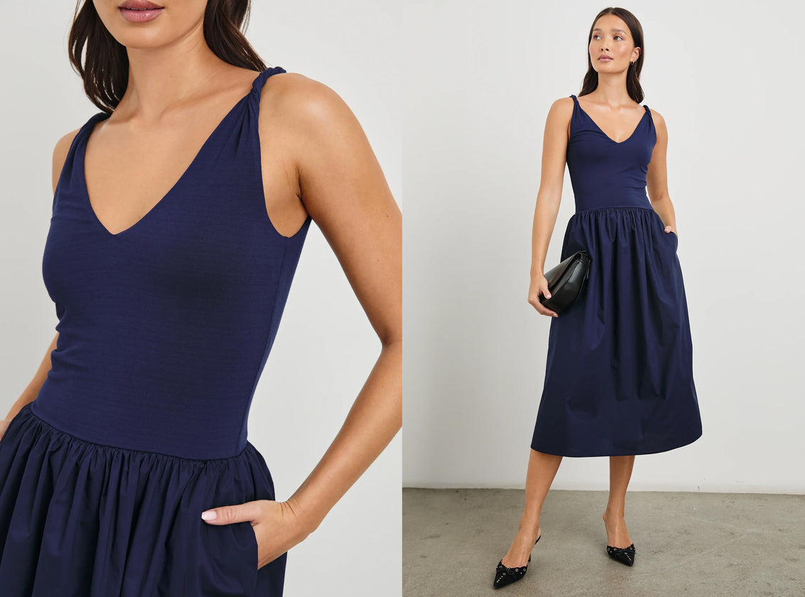 TWO SIDE BY SIDE IMAGES OF MODEL WEARING FRANCA DRESS IN NAVY