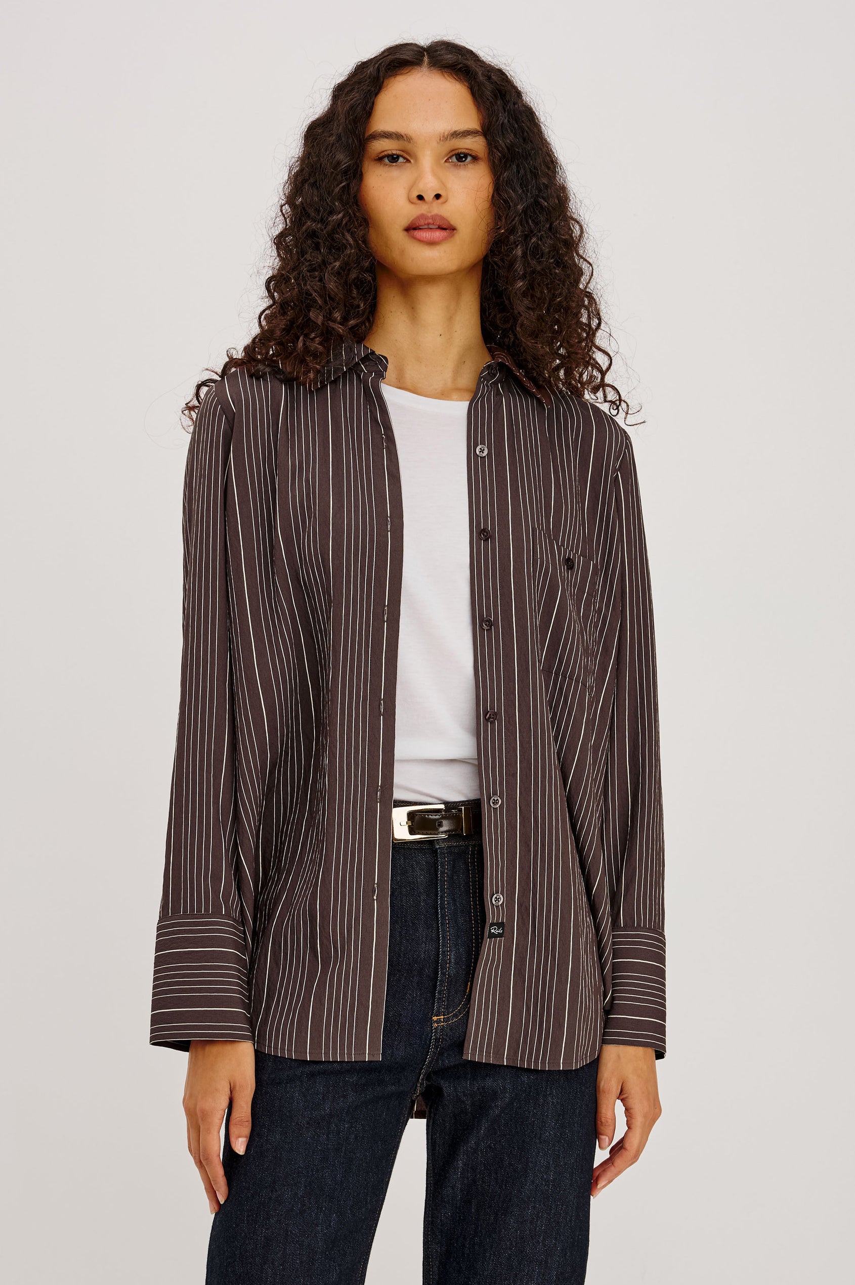 Beck Shirt in Luxe Rayon With Collar, Button Front, Chest Patch Pocket, Long Sleeves, and Relaxed Fit in Chicory Stripe Colorway - Upper Body Front View Featured on Model