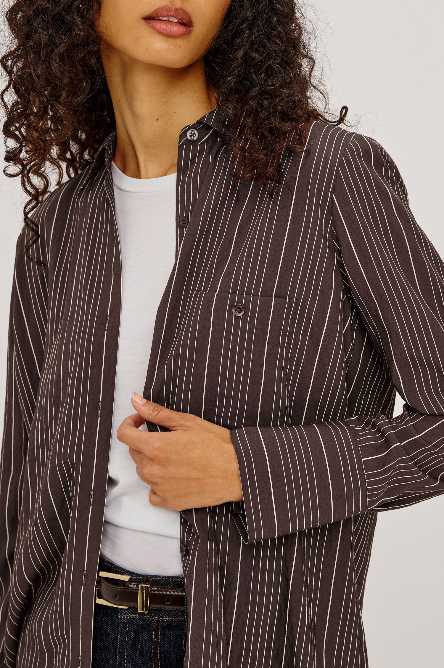 Beck Shirt in Luxe Rayon With Collar, Button Front, Chest Patch Pocket, Long Sleeves, and Relaxed Fit in Chicory Stripe Colorway - Upper Body Front View Featured on Model