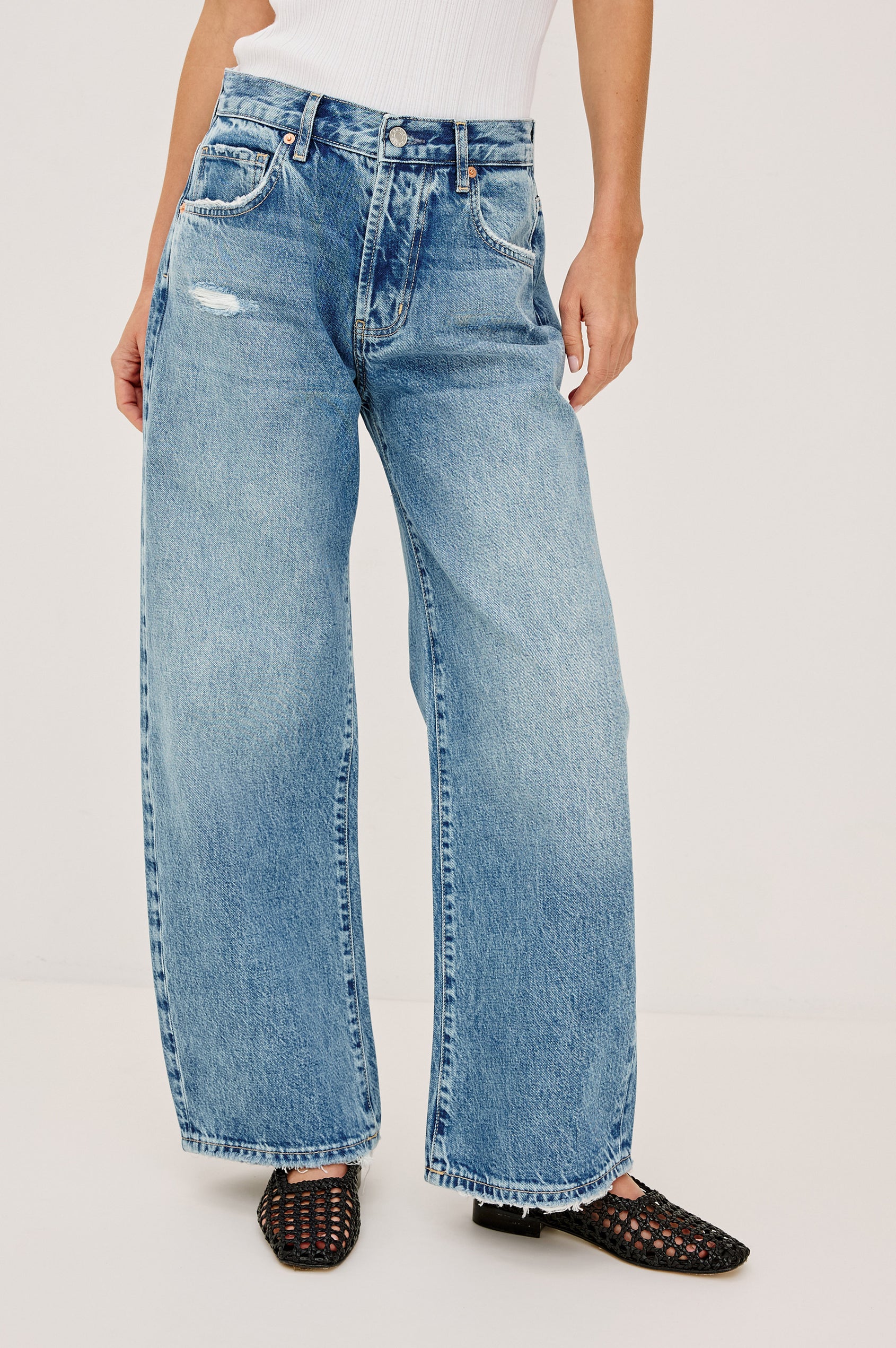 Belmont Arc Leg Jean in Rigid Denim With High-Waisted Fit, Button Fly in Authentic Stone Colorway - Lower Body Front View Featured on Model