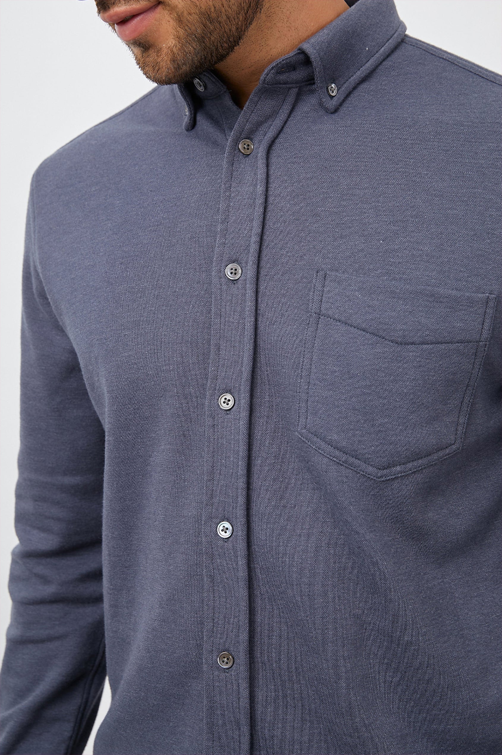 Berkley Long Sleeve Button Down with a Chest Patch Pocket in Aegean Colorway - Front View Featured on Model