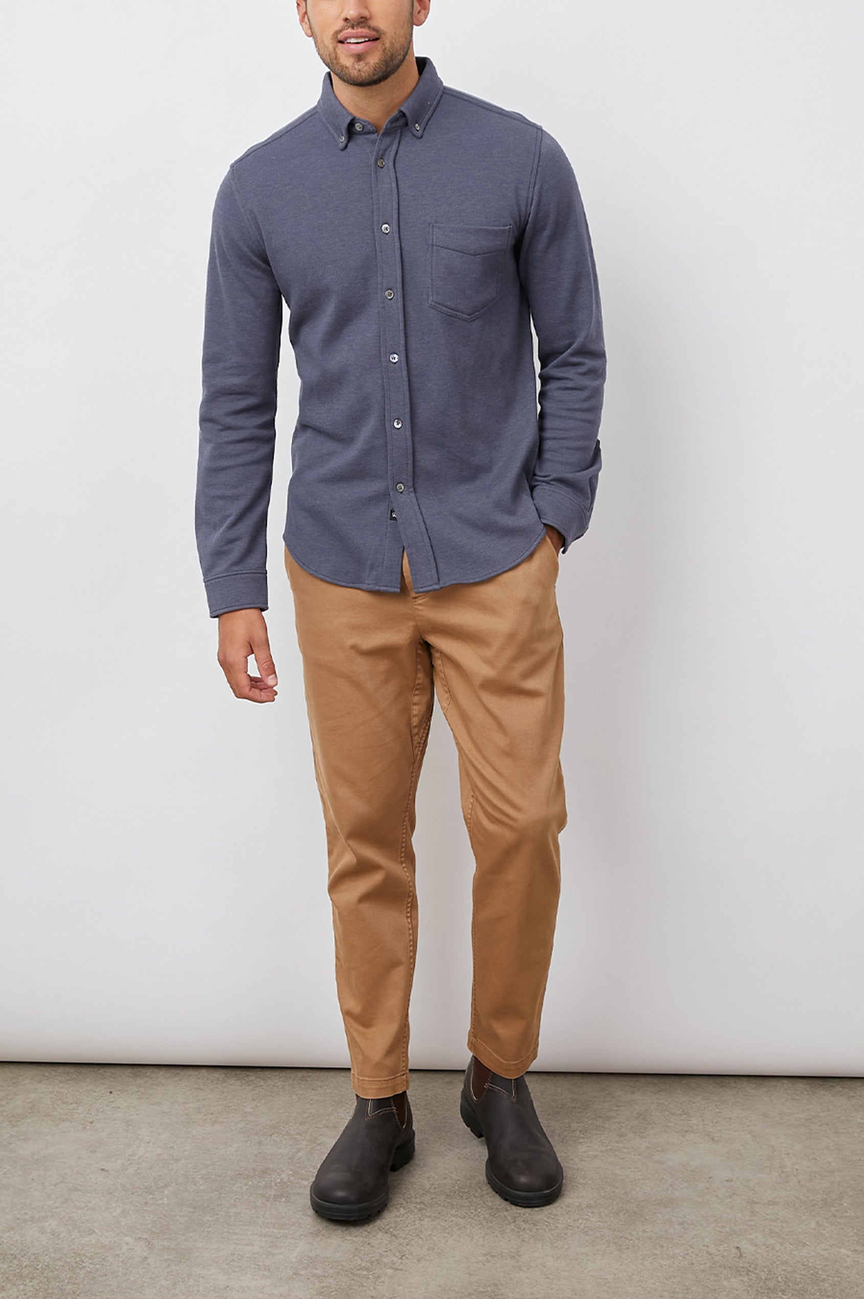 Berkley Long Sleeve Button Down with a Chest Patch Pocket in Aegean Colorway - Front Full Body View Featured on Model