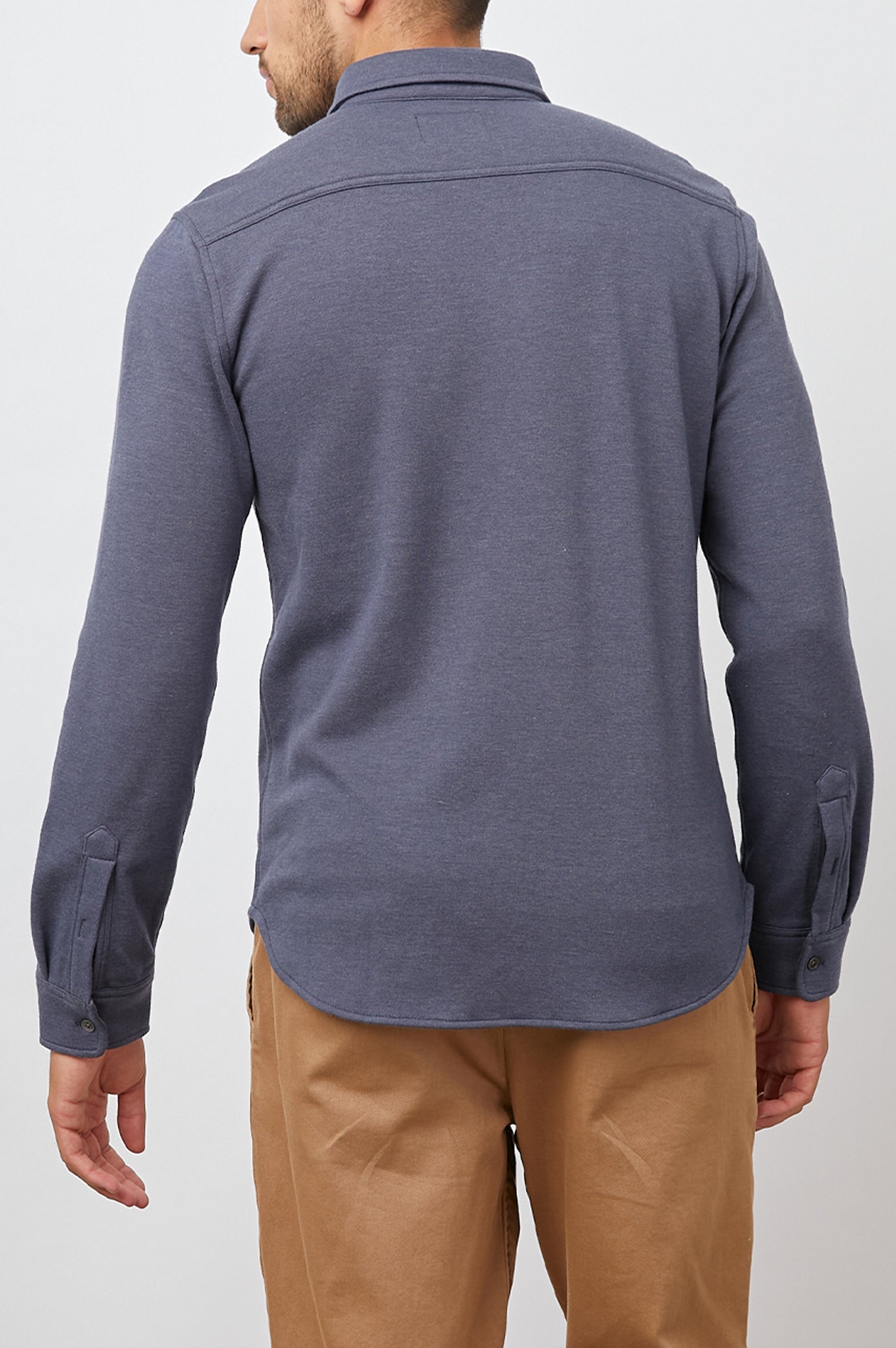 Berkley Long Sleeve Button Down with a Chest Patch Pocket in Aegean Colorway - Back View Featured on Model