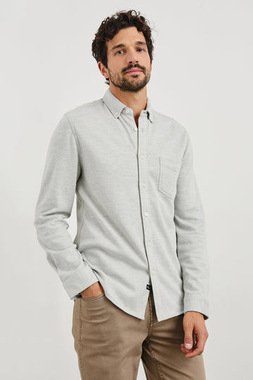 Berkley Long Sleeve Button Down with a Chest Patch Pocket in Light Grey Colorway - Front View Featured on Model