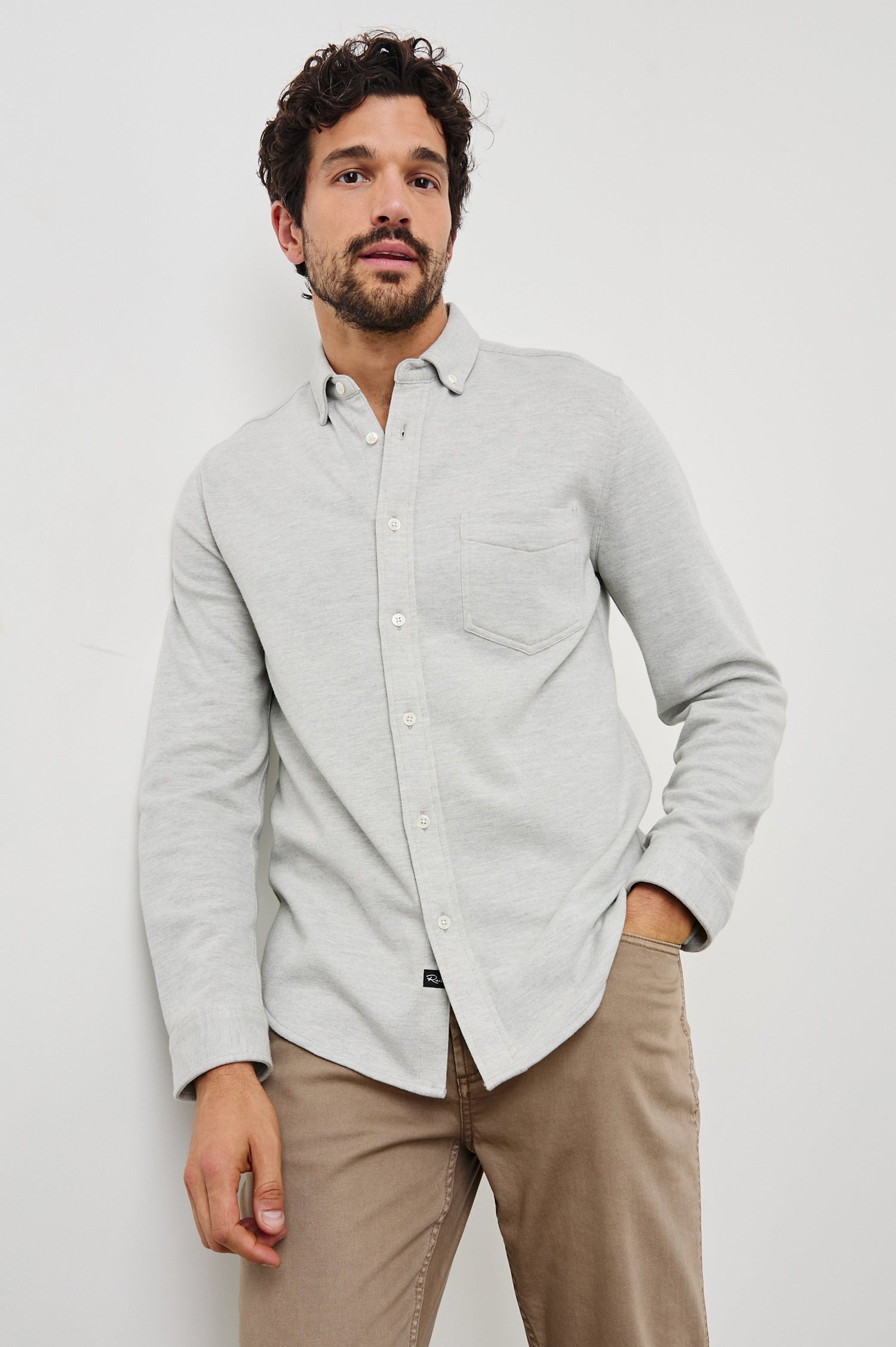 Berkley Long Sleeve Button Down with a Chest Patch Pocket in Light Grey Colorway - Front View Featured on Model