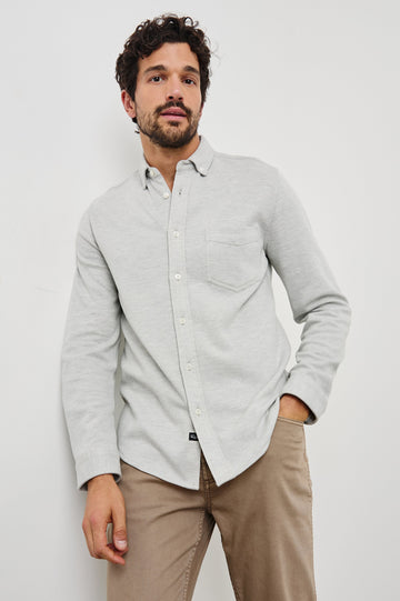 Berkley Long Sleeve Button Down with a Chest Patch Pocket in Light Grey Colorway - Front View Featured on Model