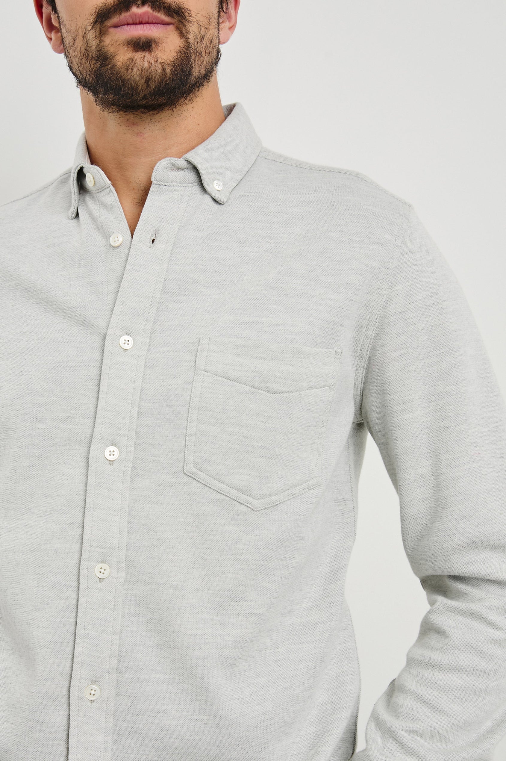 Berkley Long Sleeve Button Down with a Chest Patch Pocket in Light Grey Colorway - Front View Featured on Model
