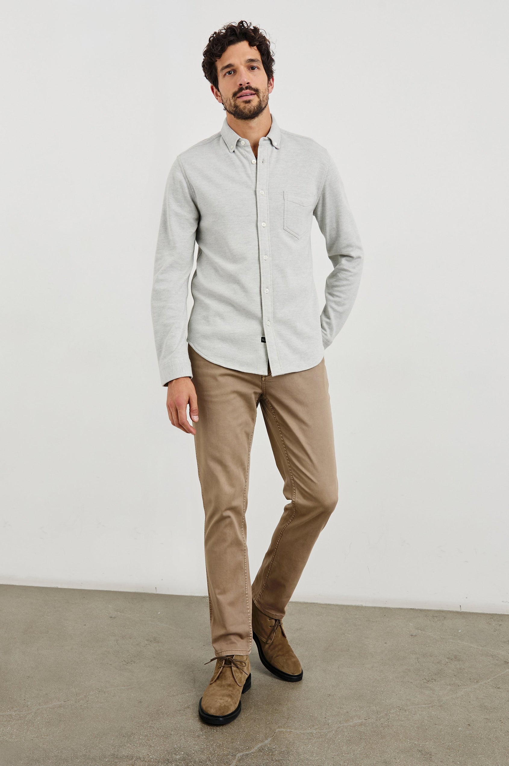 Berkley Long Sleeve Button Down with a Chest Patch Pocket in Light Grey Colorway - Front Full Body View Featured on Model