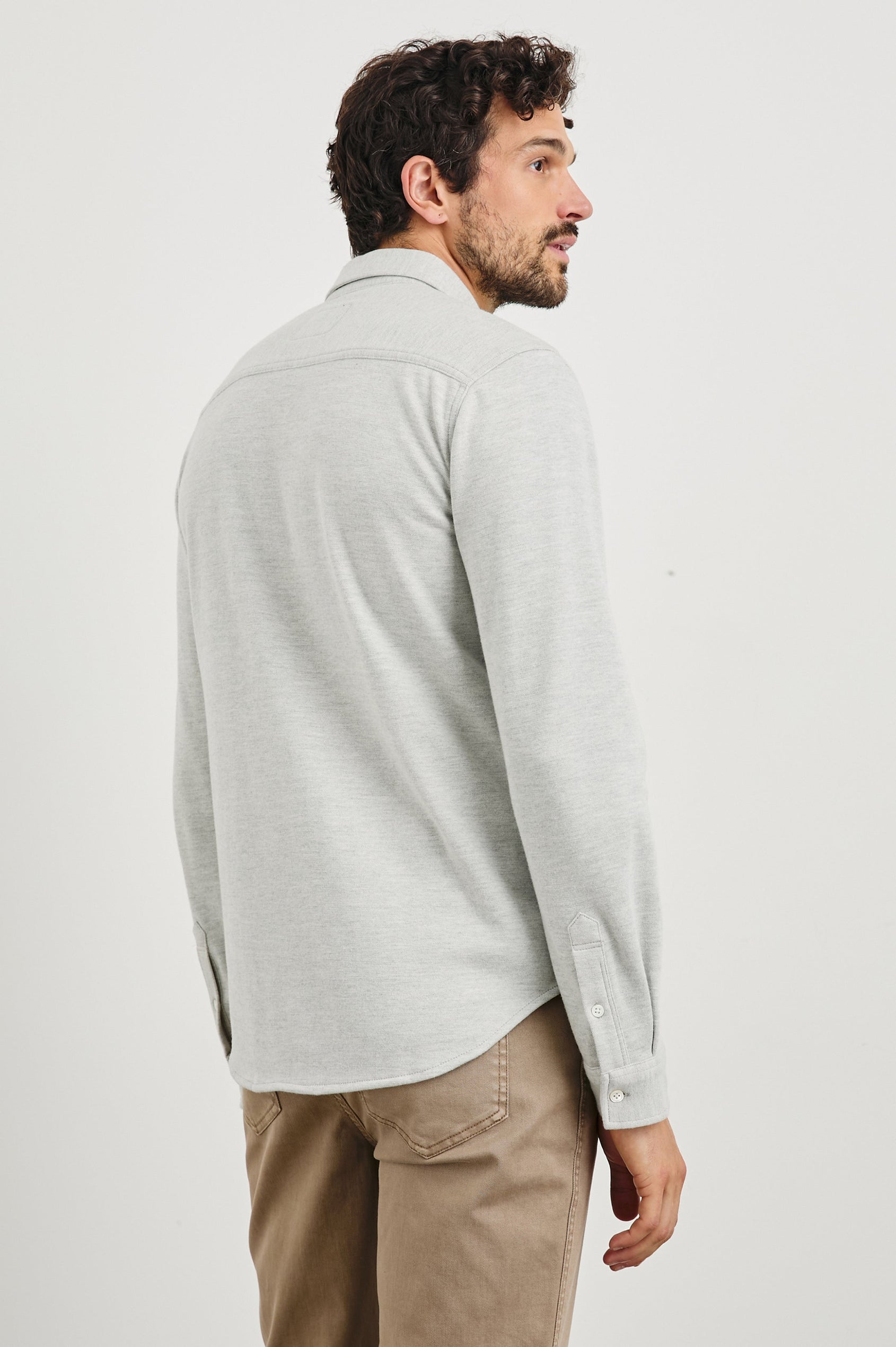 Berkley Long Sleeve Button Down with a Chest Patch Pocket in Light Grey Colorway - Back View Featured on Model