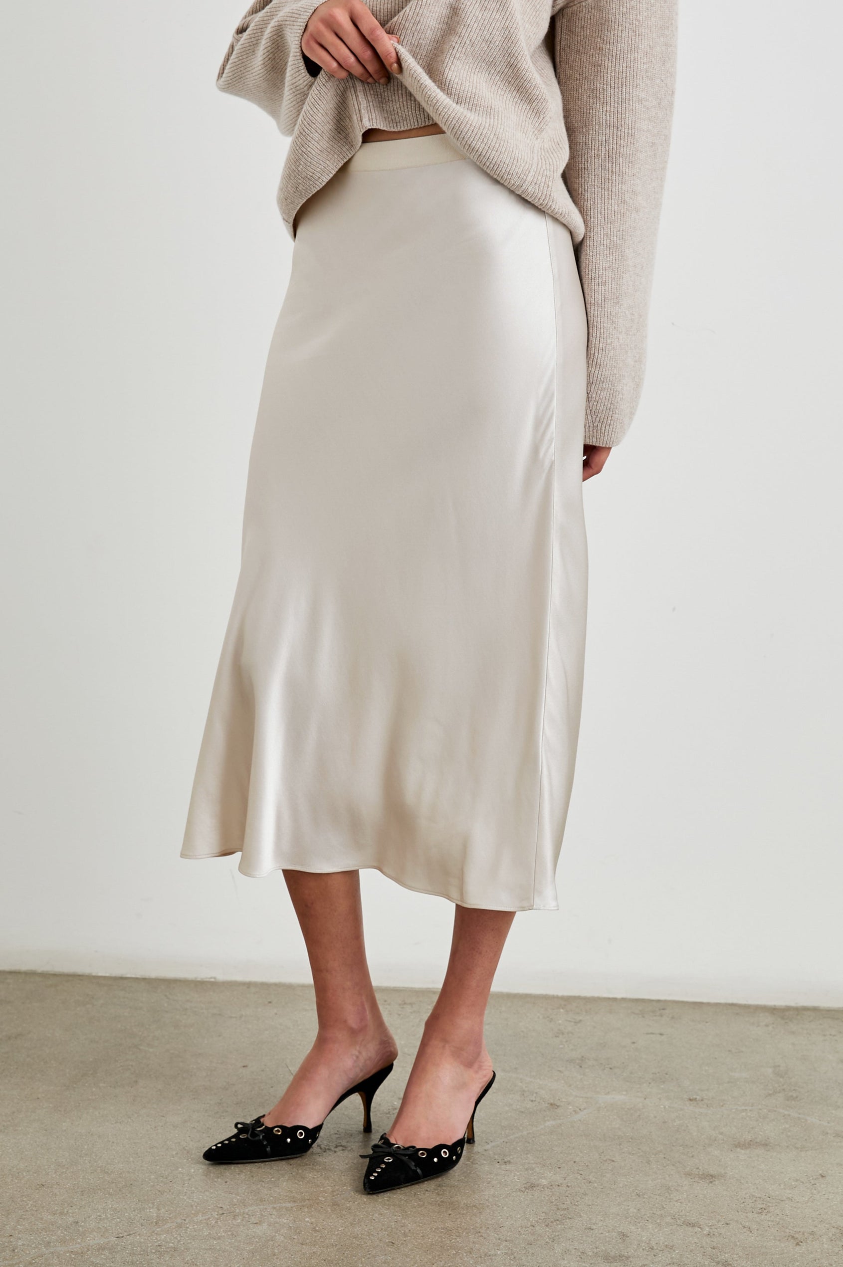 Berlin Midi Skirt in Ivory Colorway - Front View Featured on Model