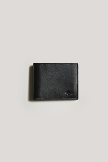 Leather wallet in black color, folded. Front view featured.
