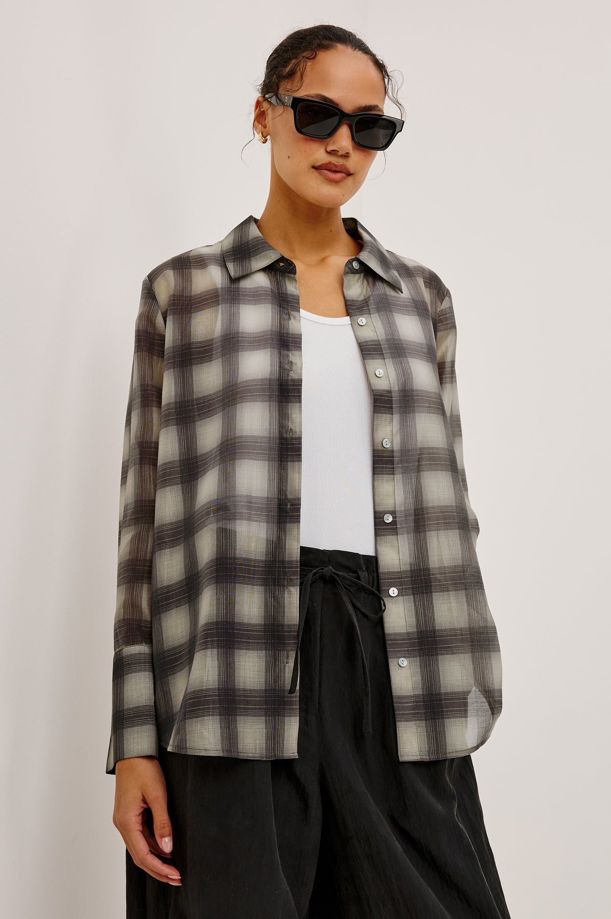 Bishop Shirt in Soft Voile With Collar, Button Front, Long Sleeves, and Relaxed Fit in Onyx Taupe Colorway - Upper Body Front View Featured on Model