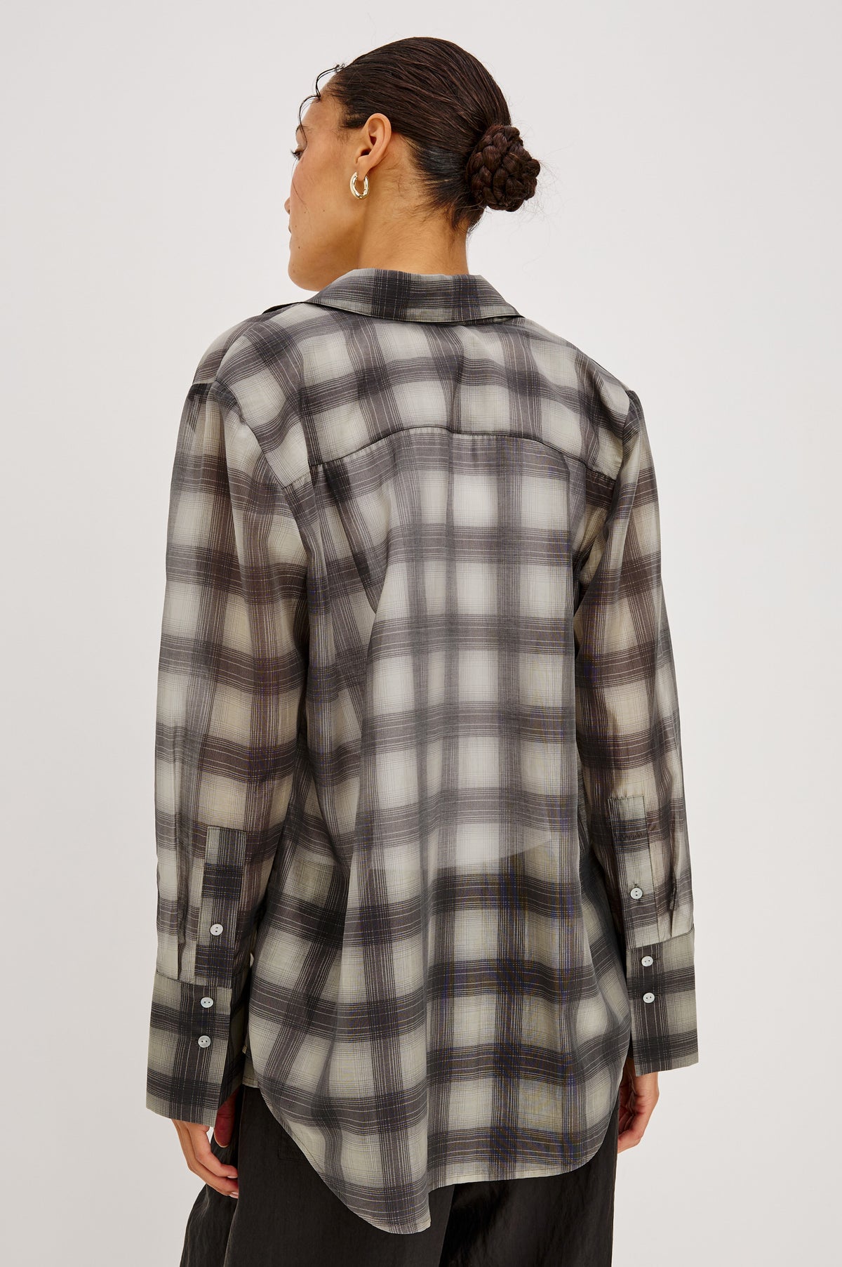 Bishop Shirt in Soft Voile With Collar, Button Front, Long Sleeves, and Relaxed Fit in Onyx Taupe Colorway - Upper Body Back View Featured on Model