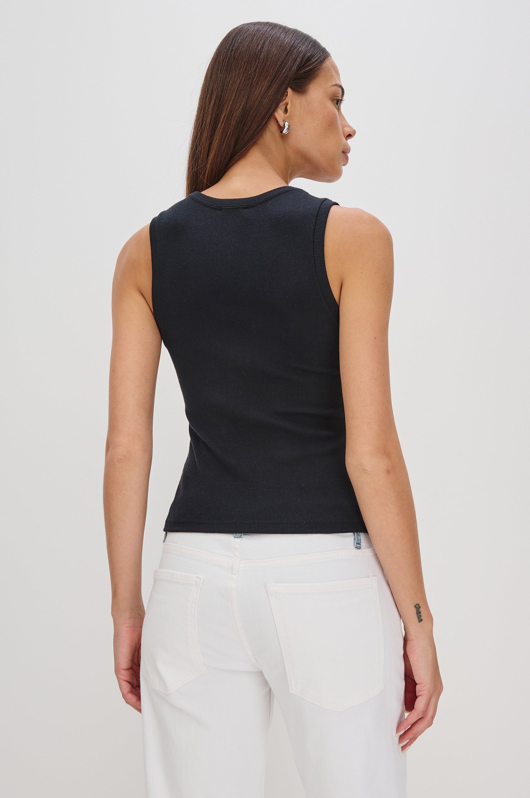 Bobbie Square Neck Tank with Wide Straps in Black Colorway. Back View Shown on Model.