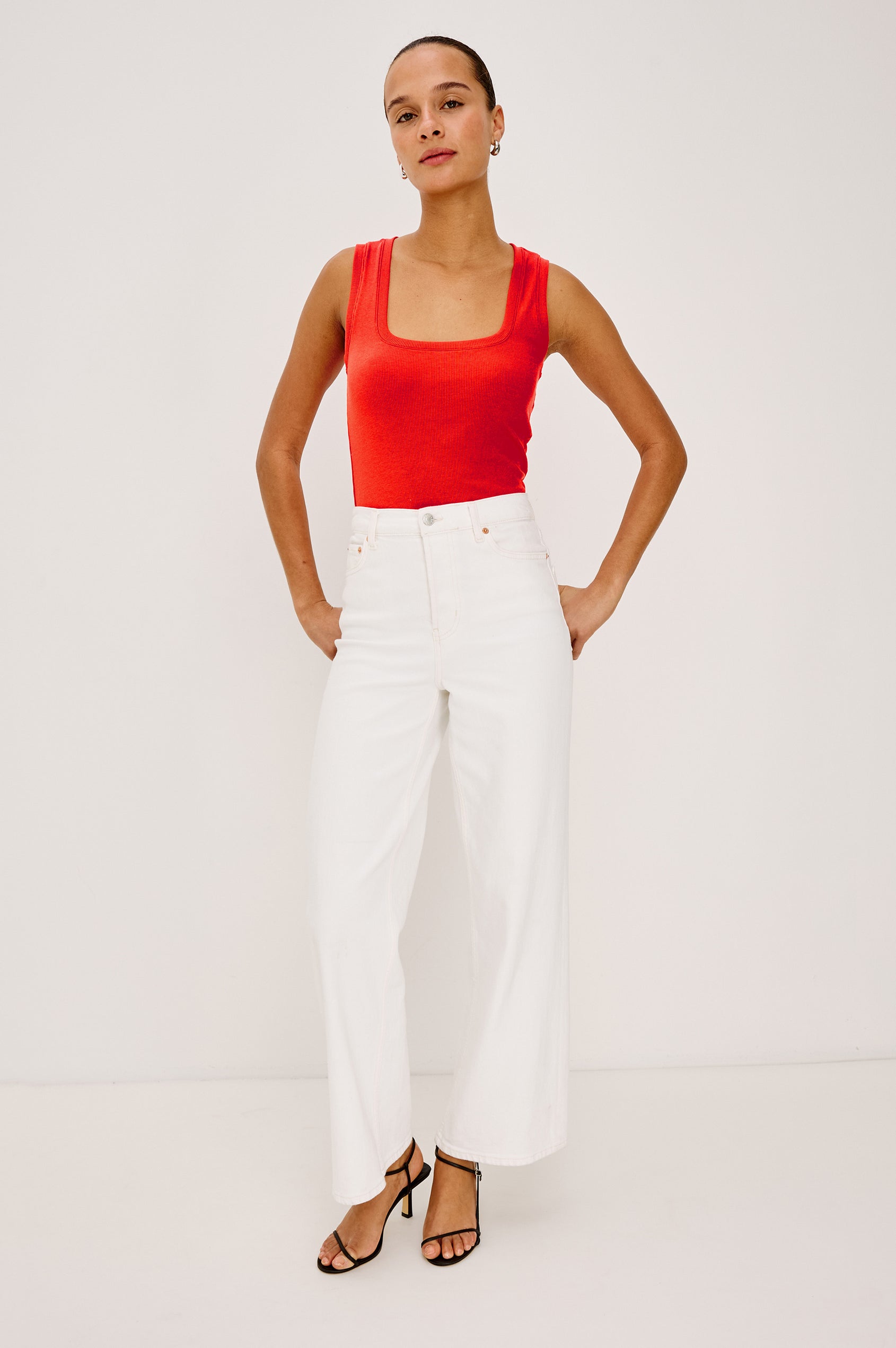 Bobbie Tank Top in Cotton Rib Blend With Soft Square Neckline, Wide Shoulder Straps, and Classic Fit in Cherry - Full Body Front View Featured on Model