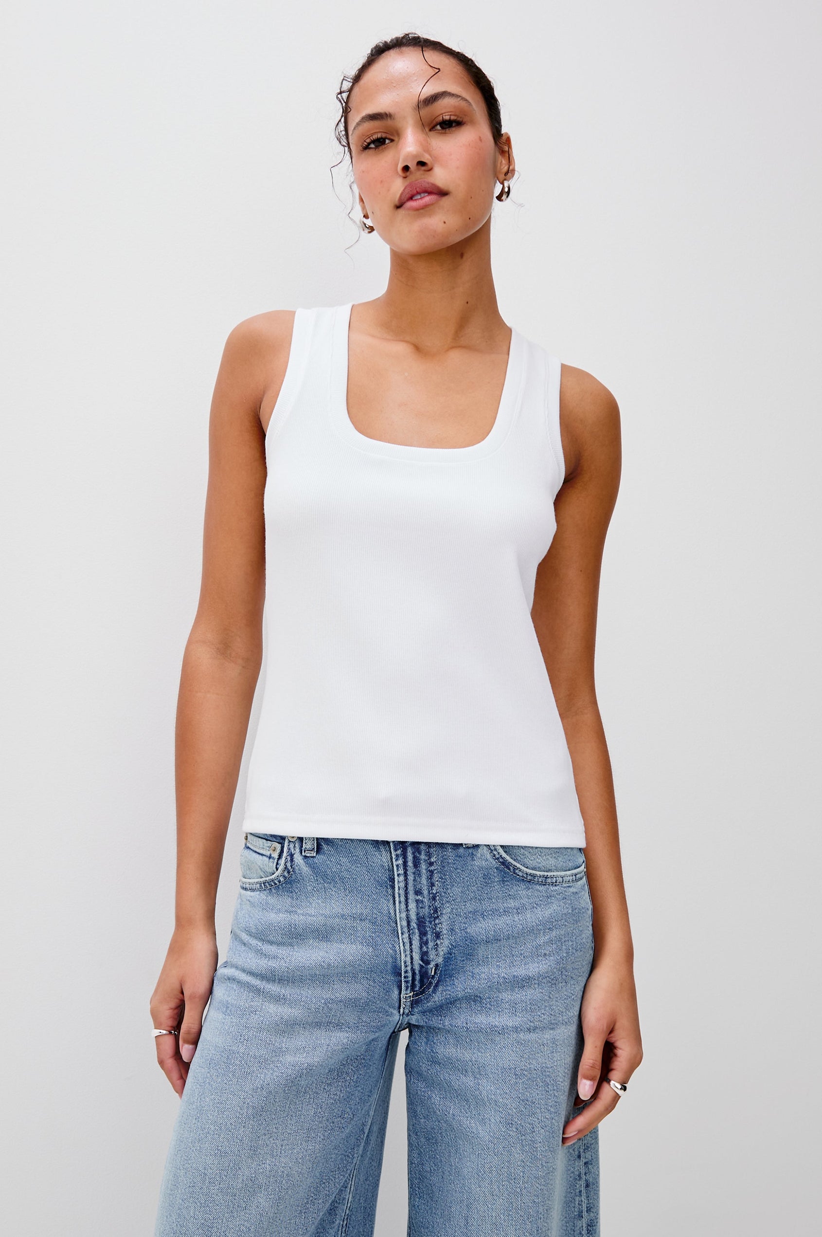 Bobbie Square Neck Tank with Wide Straps in White Colorway. Front View Shown on Model.