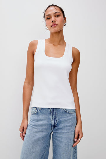 Bobbie Square Neck Tank with Wide Straps in White Colorway. Front View Shown on Model.