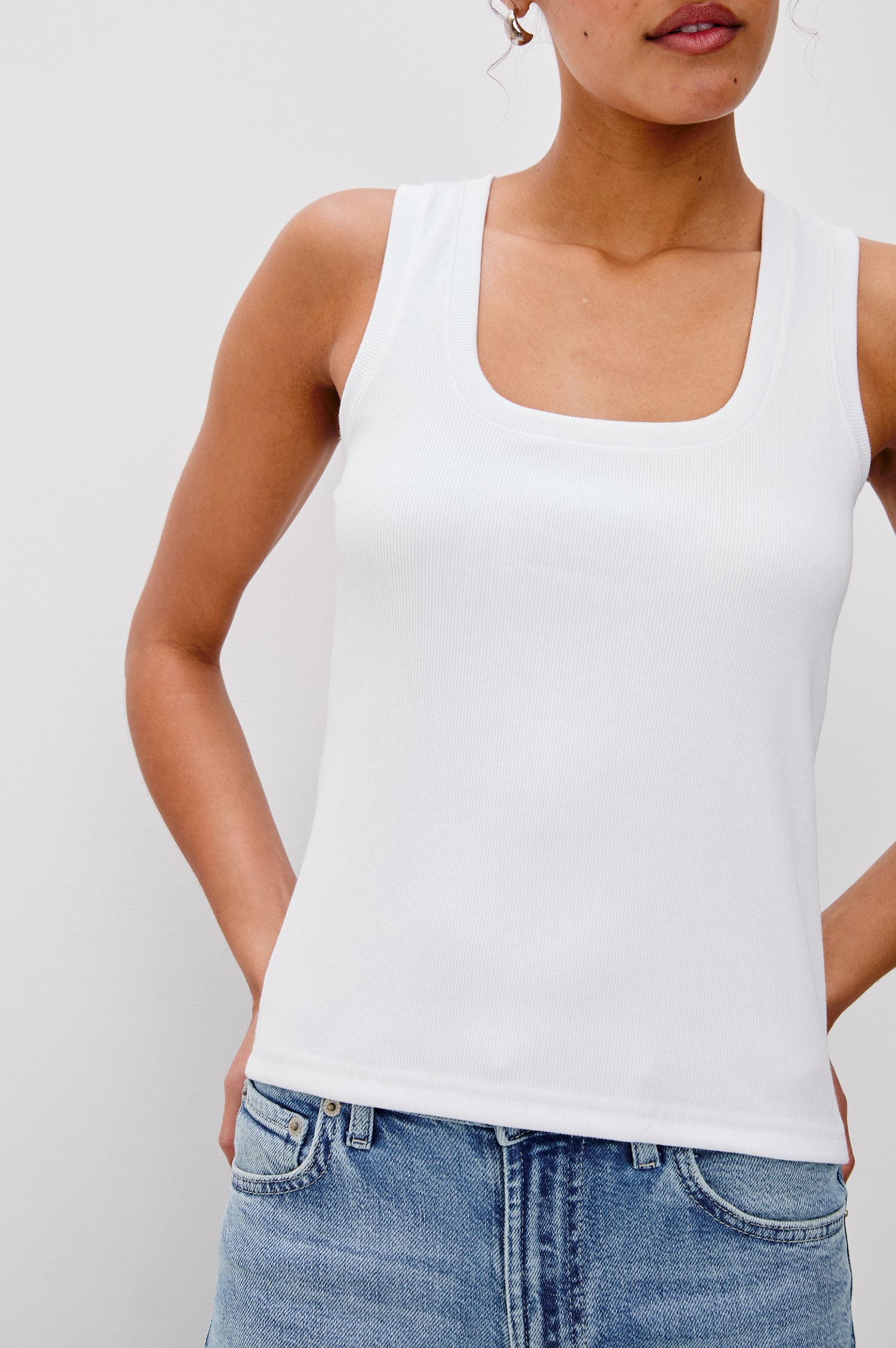 Bobbie Tank Top in Cotton Rib Blend With Soft Square Neckline, Wide Shoulder Straps, and Classic Fit in White - Upper Body Close Up Front View Featured on Model
