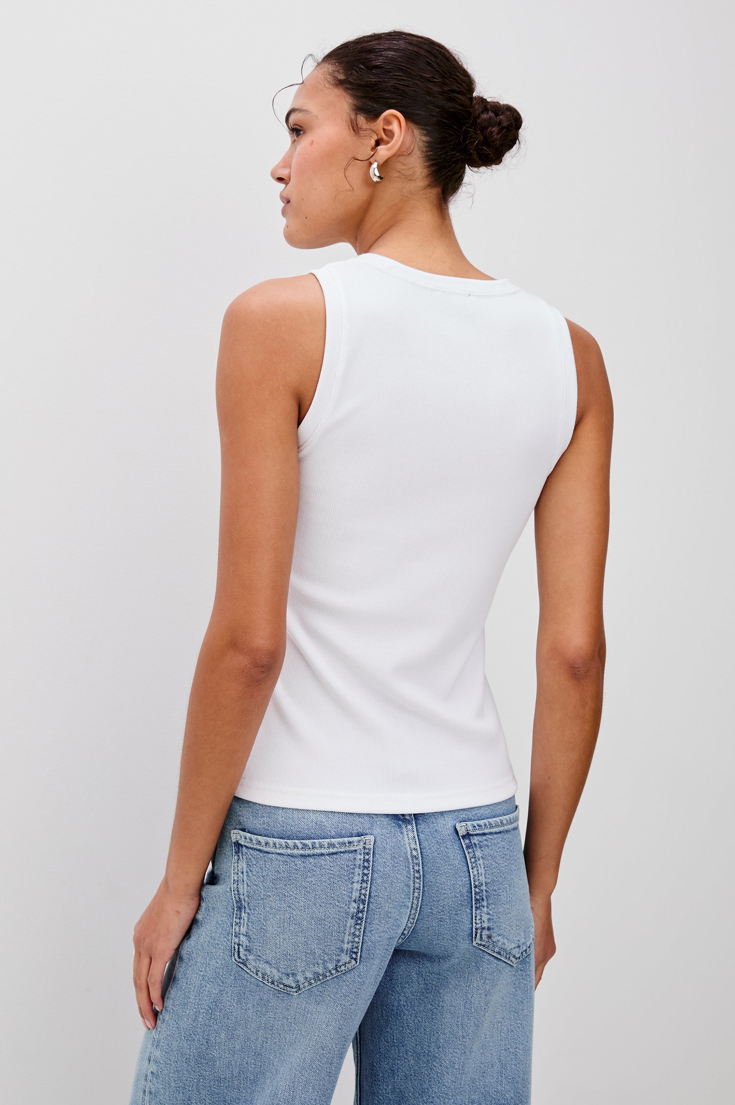Bobbie Tank Top in Cotton Rib Blend With Soft Square Neckline, Wide Shoulder Straps, and Classic Fit in White - Full Body Front View Featured on Model