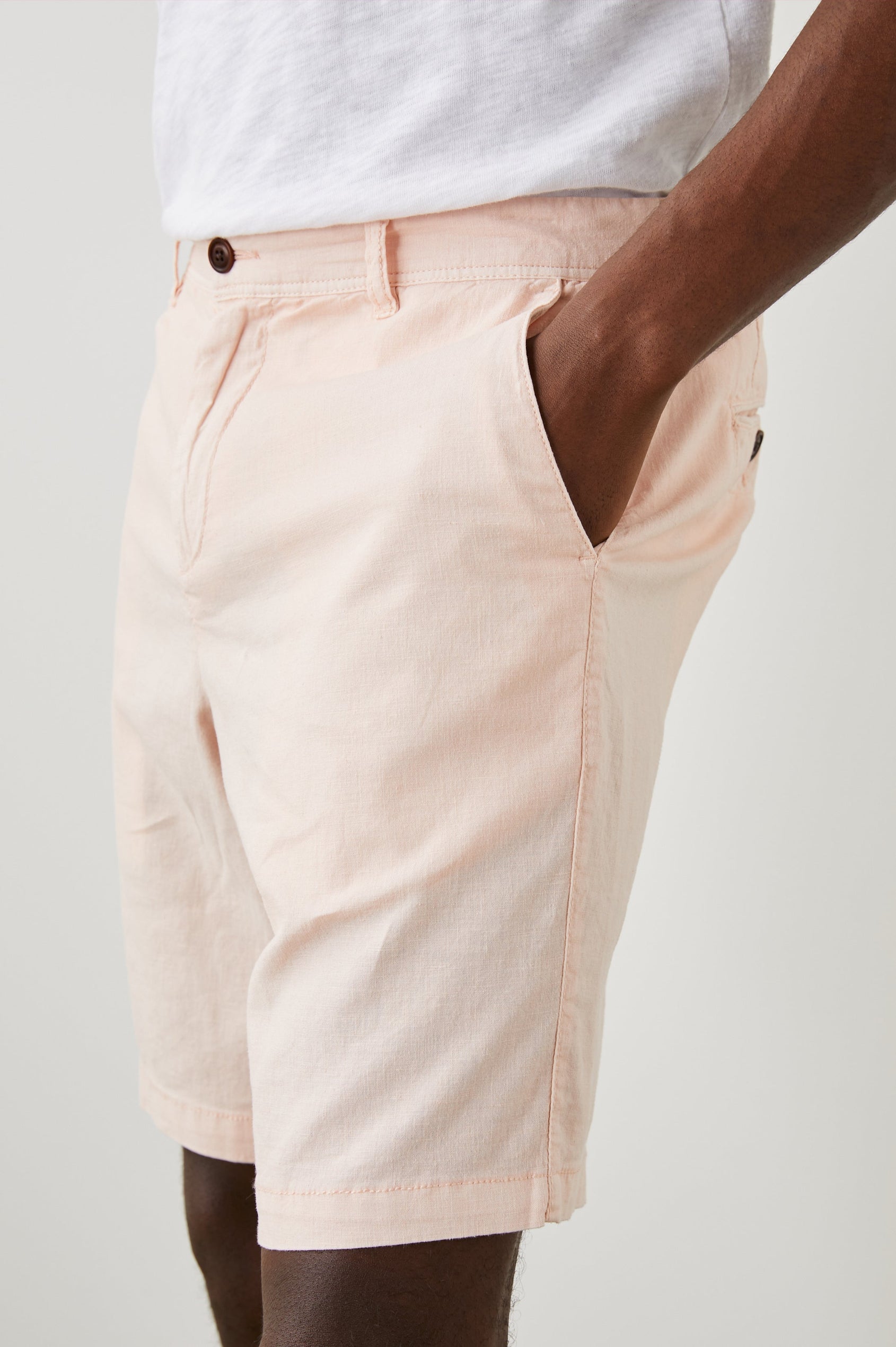 Boden Knee-Length Shorts with Belt Loops, Two Front Pockets and Two Back Button Welt Pockets in Prawn Colorway - Side View Featured on Model